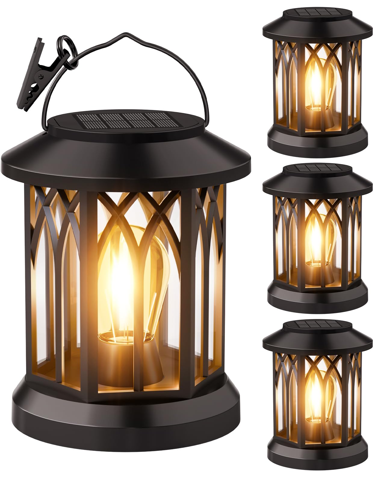 Afoxsos  Solar Lanterns Outdoor Waterproof 4 pack Hanging Lights for Patio Garden Modern Decorative Lanterns with Clips Warm Light Auto On Off