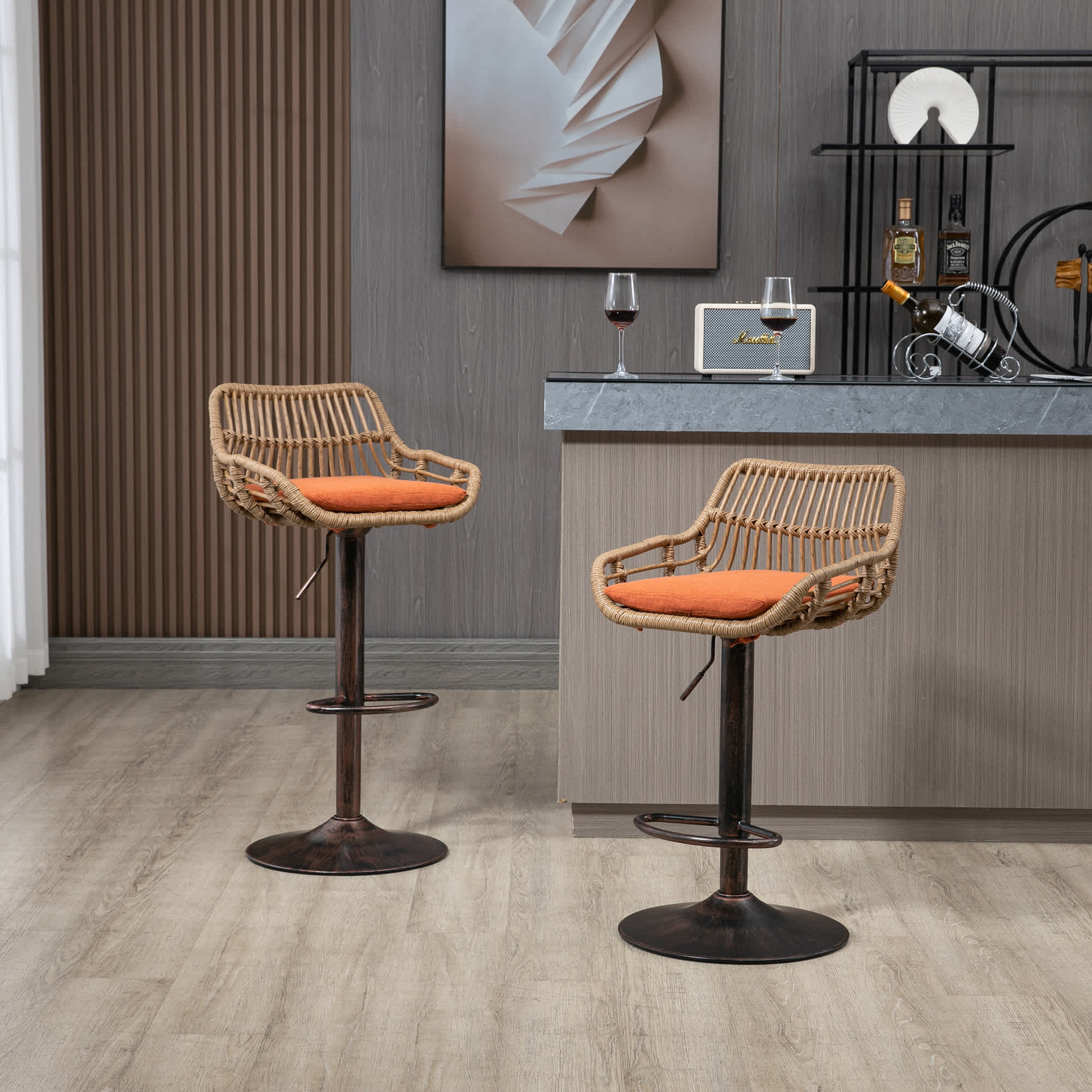 Vynxaria  Set of 2 Orange Rattan Swivel Bar Stools Adjustable Counter Height Metal Base 250 Lbs Footrest for Kitchen Dining Room Coffee Shop