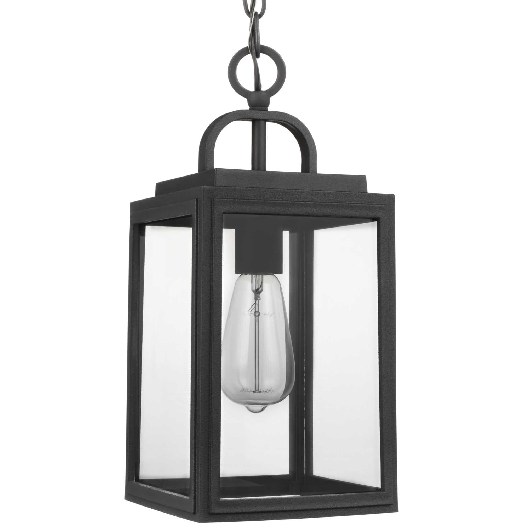Progress Lighting P550064-031 Grandbury Textured Black Coastal Clear glass Lantern Small Indoor/Outdoor Hanging Pendant light