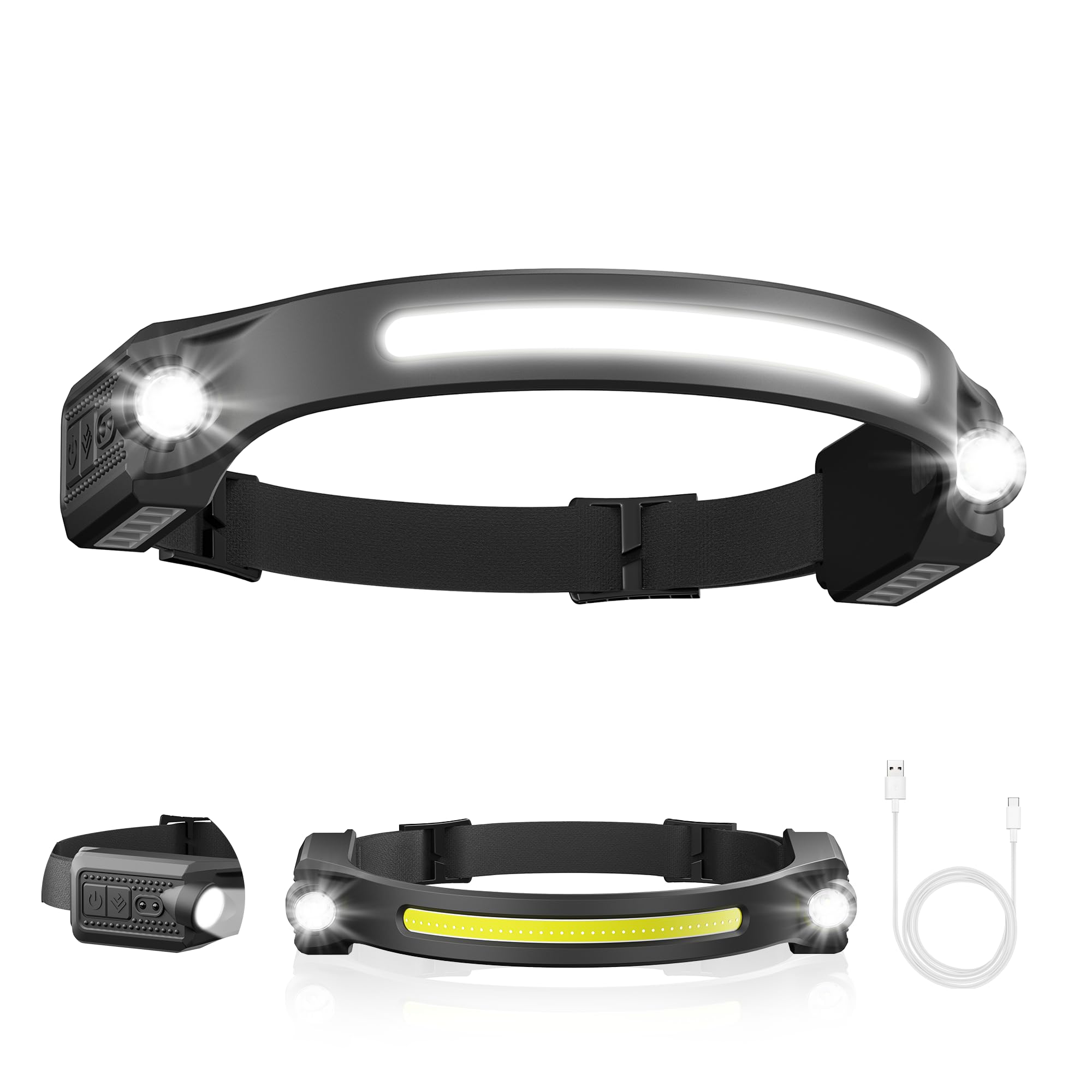 Linder Group Inc LED headlamp wide beam head light with XPE and COB sensor mode IPX4 water resistant dustproof adjustable strap memory function camping and