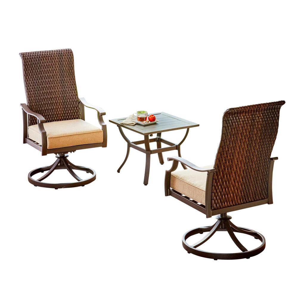 Royal Garden ROVBST301 Roberts Park 3 -Piece Brown Wicker Bistro Patio Dining Set Aluminum Square Table with 2 Tan Cushions Swivel Chairs