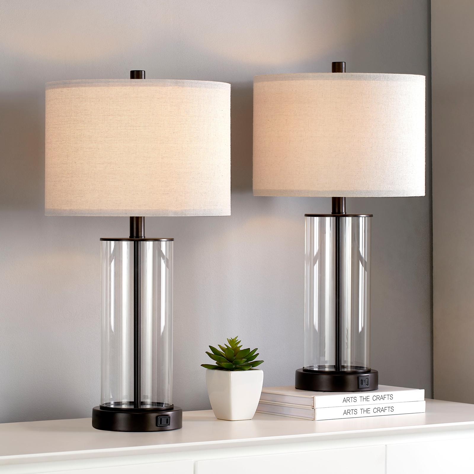 KAWOTI 21344 Quinita 23.25-in Bronze LED Rotary socket Table Lamp with Linen Shade 2 -Set