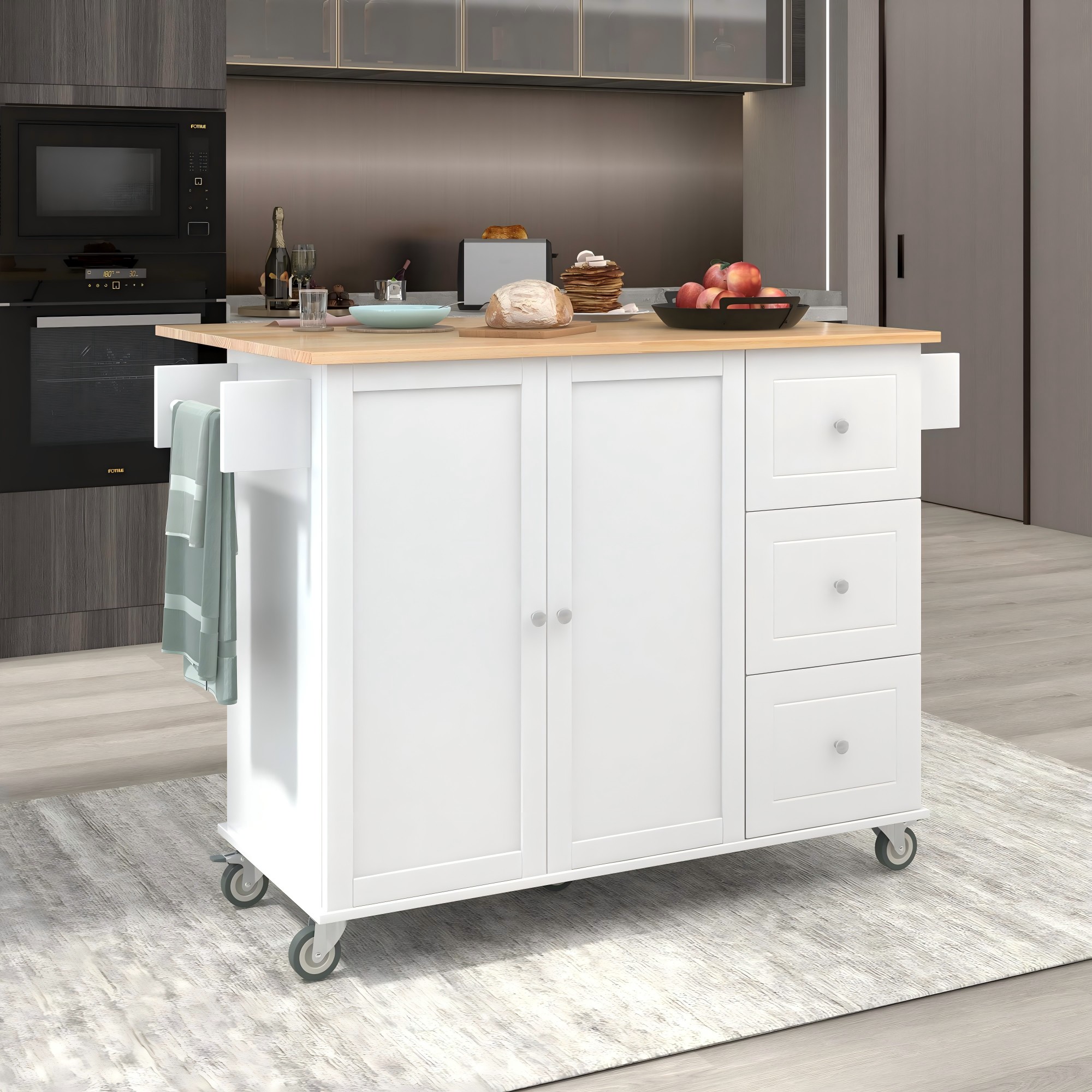 Xspracer ML-KI35AAW White MDF Base with Wood Wood Top Rolling Kitchen Island ( 30-Inches x 53-Inches x 37-Inches )
