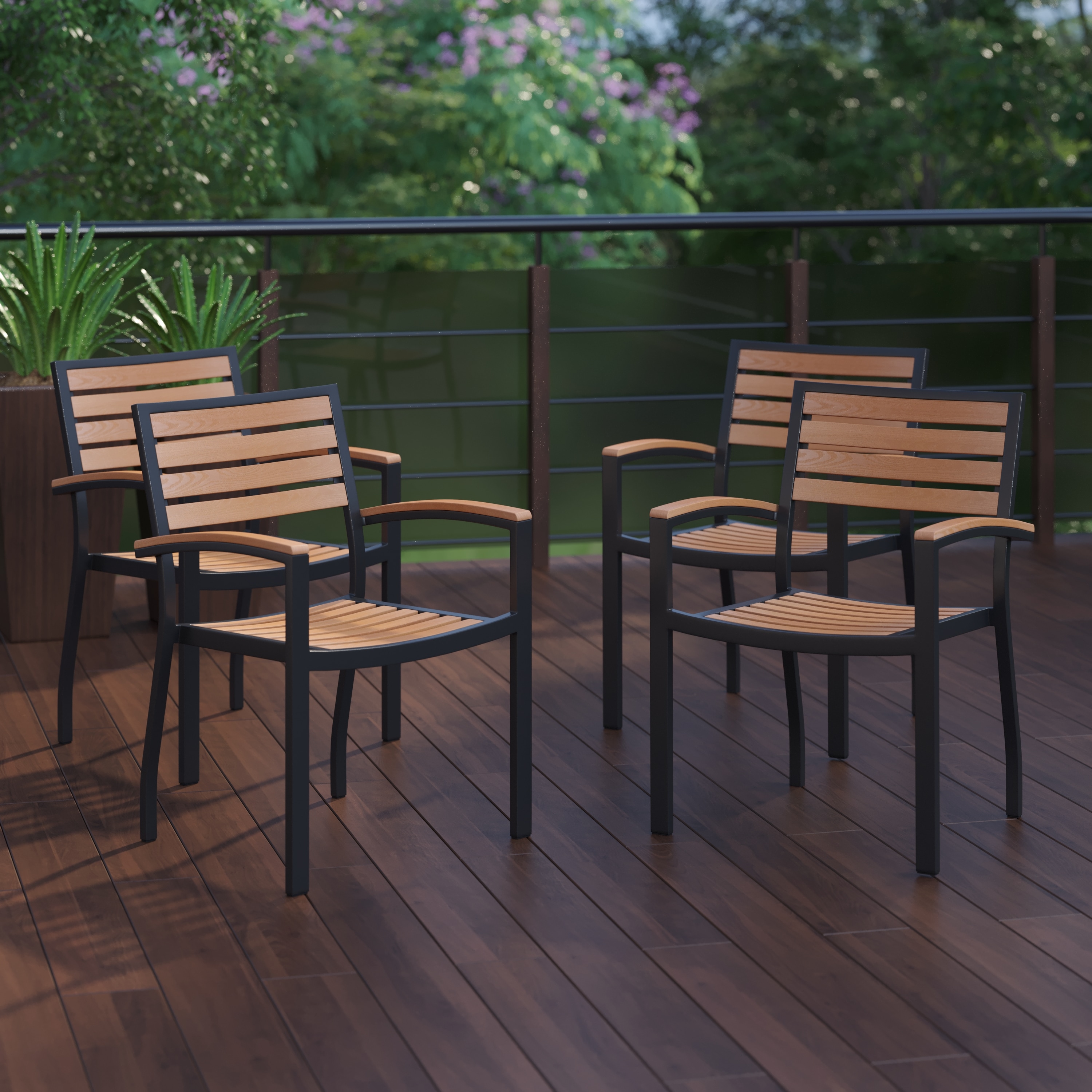 Flash Furniture 840196339016 Lark Set of 4 Stackable Black Aluminum Frame Stationary Dining Chair with Solid Seat
