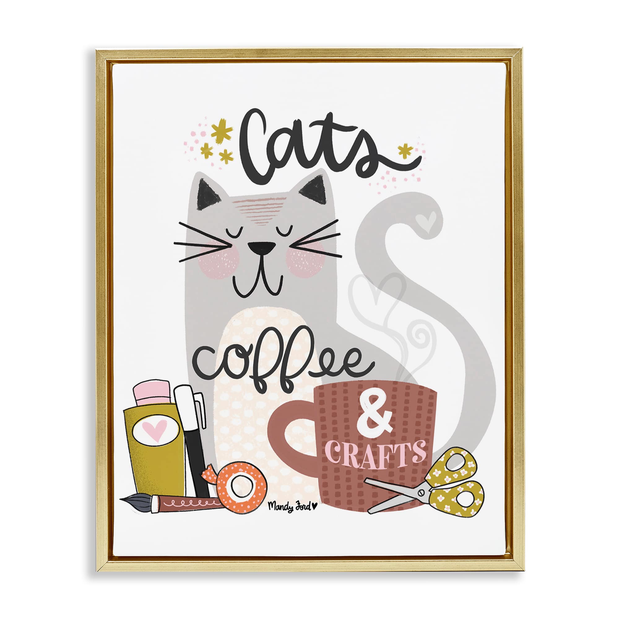 Stupell Industries BS-310-FFG-24X30 Cats Coffee and Crafts Gold Framed Floater Canvas Wall Art By Mandy Ford Art + Illustration 25 x 31