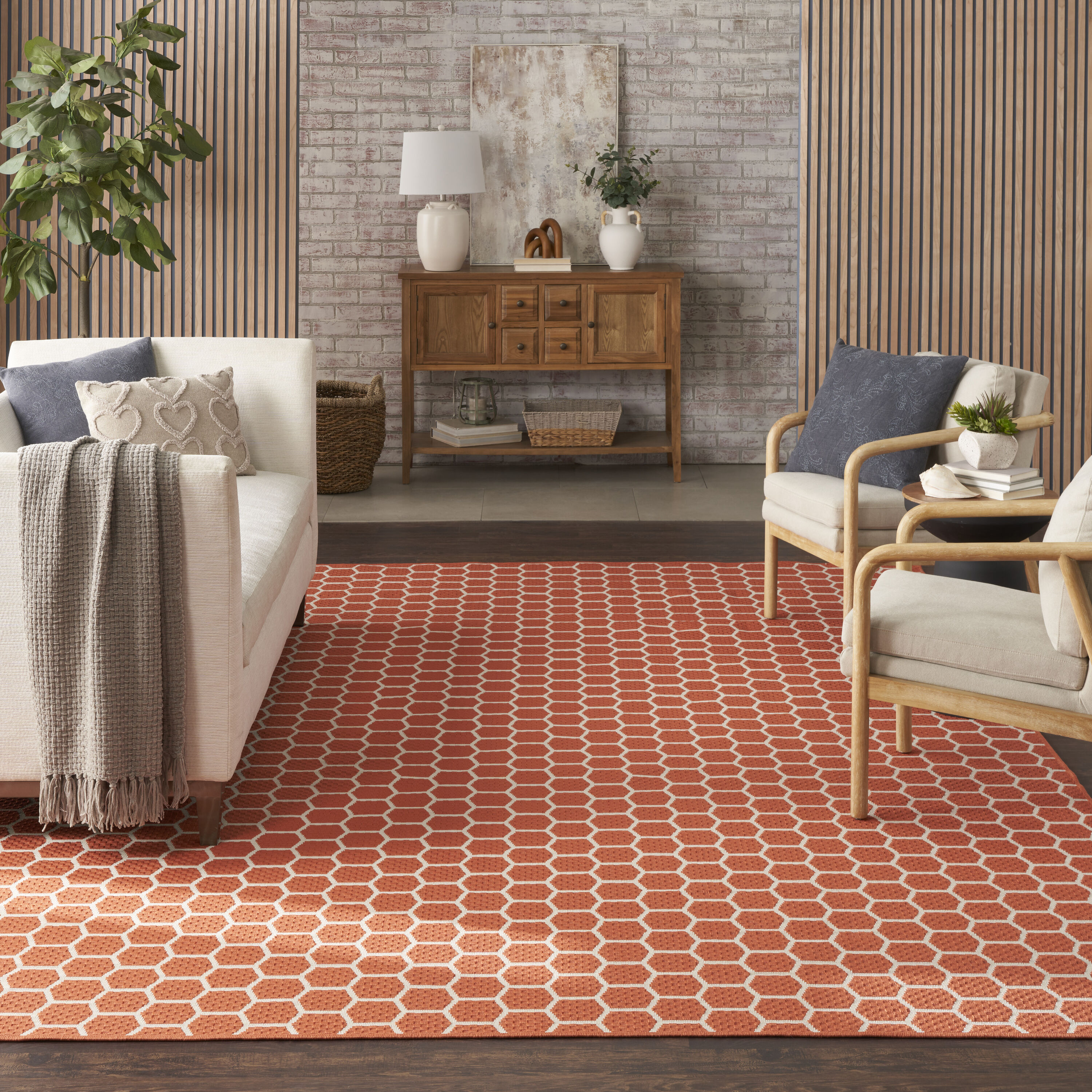 Nourison Home 099446974198 Reversible Indoor Outdoor 9 x 12 (ft) Polyester/Polypropylene Coral Rectangular Indoor/Outdoor Geometric Area rug
