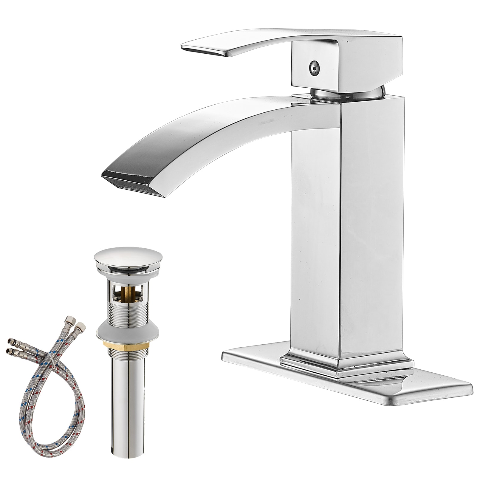 BWE A-96026-C Polished Chrome Single hole 1-handle WaterSense Waterfall Commercial/Residential Handle Bathroom Sink Faucet with Drain with Deck Plate
