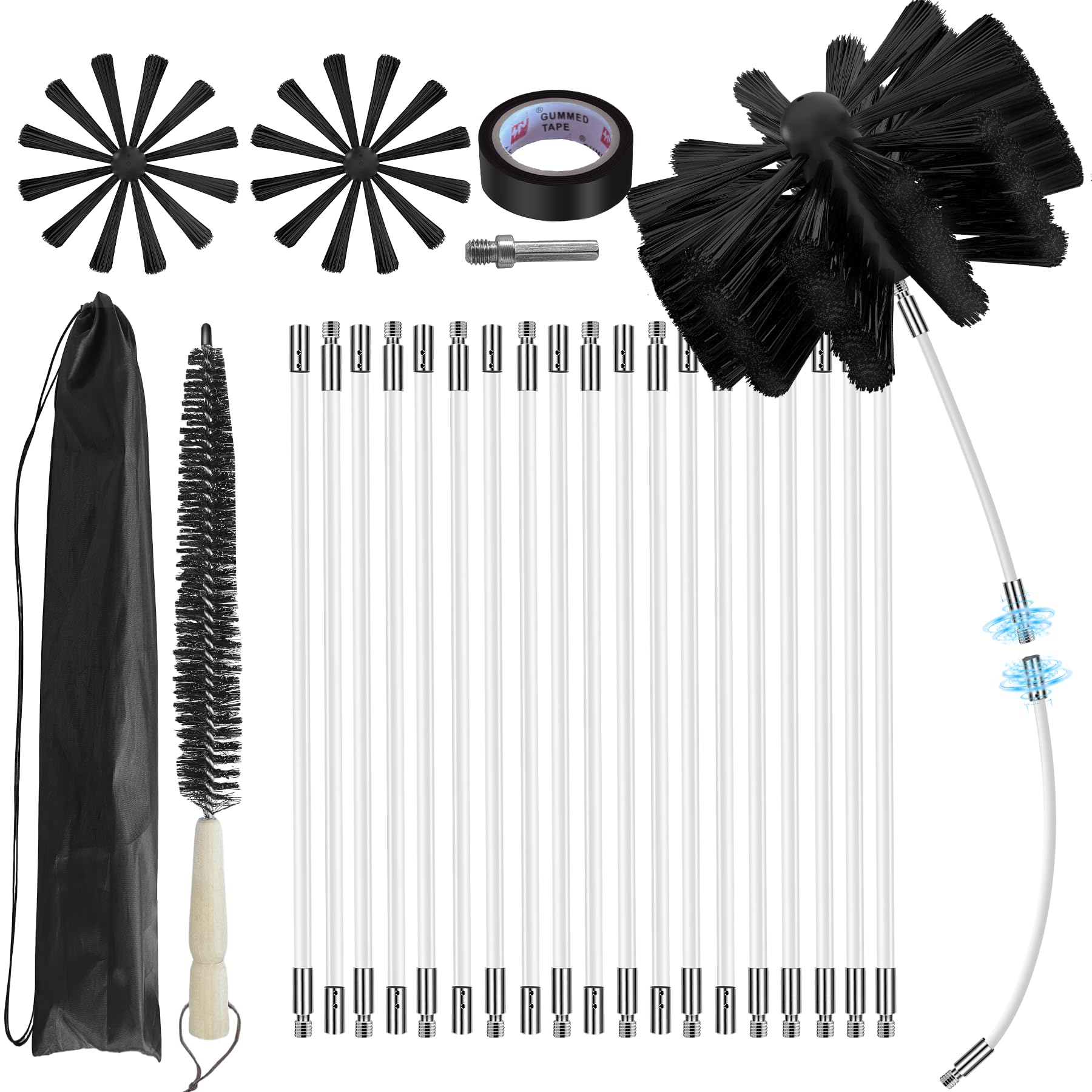 JVFCXXV  25 Feet Chimney Sweep Kit with 8 in Brush Head and 19 Flexible Nylon Rods for Chimney Dryer Vent and Flue Cleaning