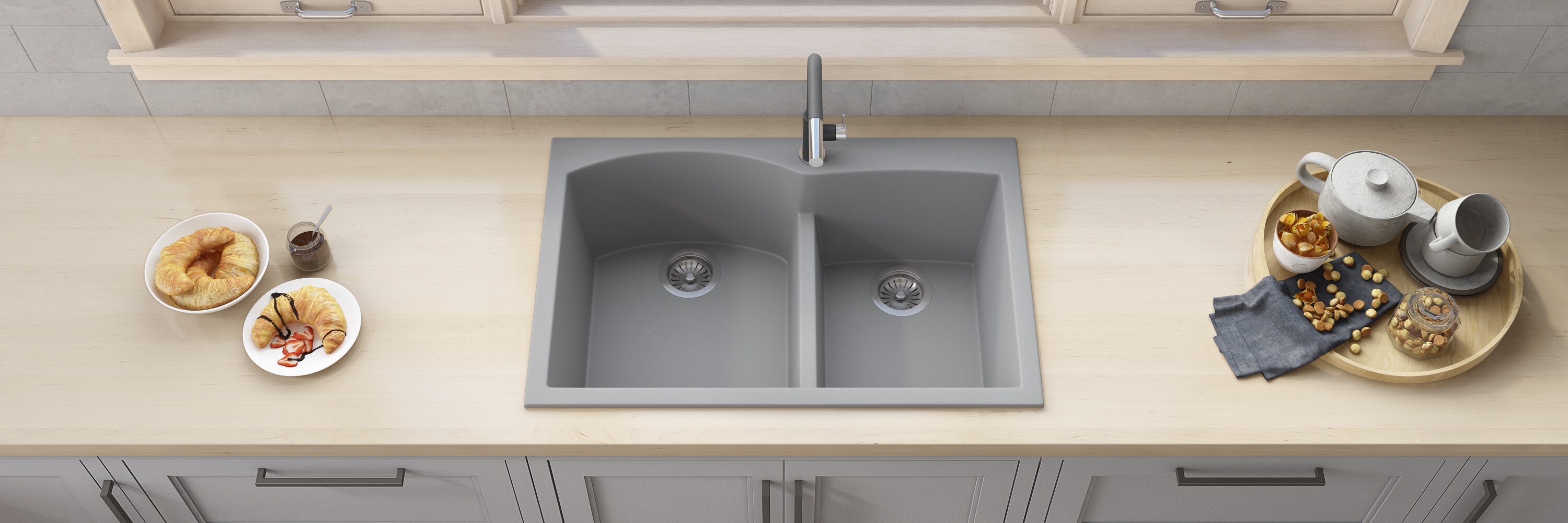 Silver Gray Stone Double Bowl Drop-in Kitchen Sink