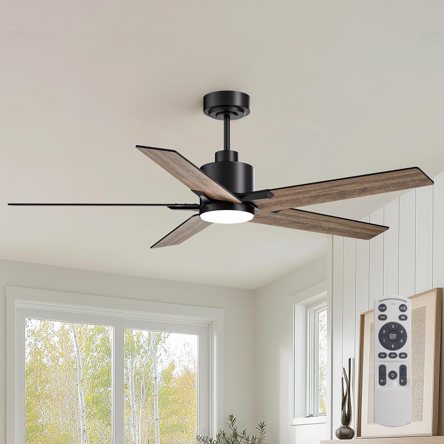 FANNEHONNE 52 Inch Matte Black Modern Ceiling Fan with LED Light(5 Blades Remote Included)