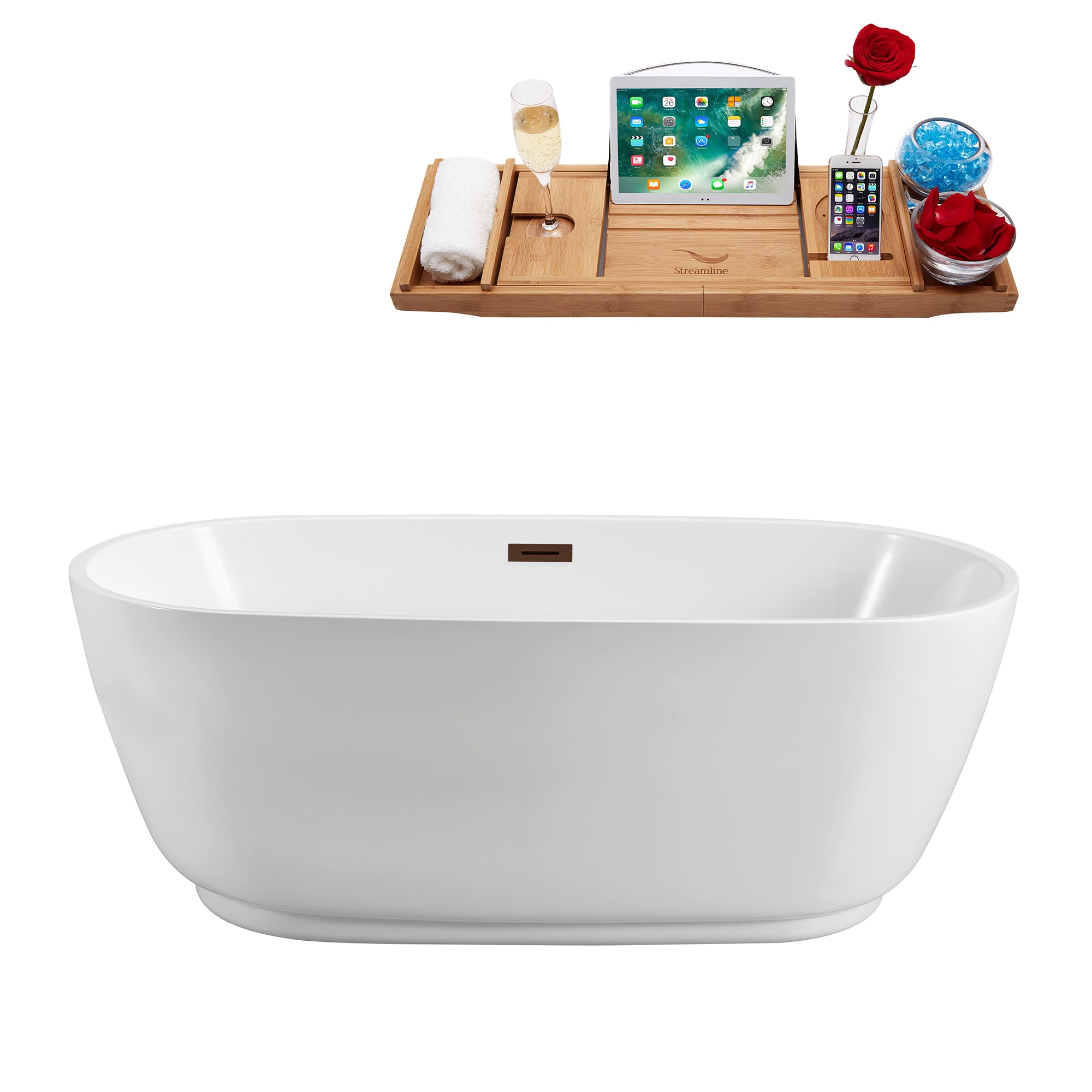 Streamline N562ORB 31.5-in x 70.9-in Glossy White Acrylic Oval Freestanding Soaking bathtub with Drain ( Center Drain )