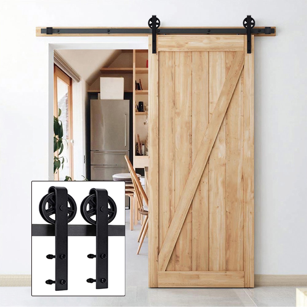 RELIABILT 78-in Matte Black Indoor Wagon Wheel Single Barn Door ...