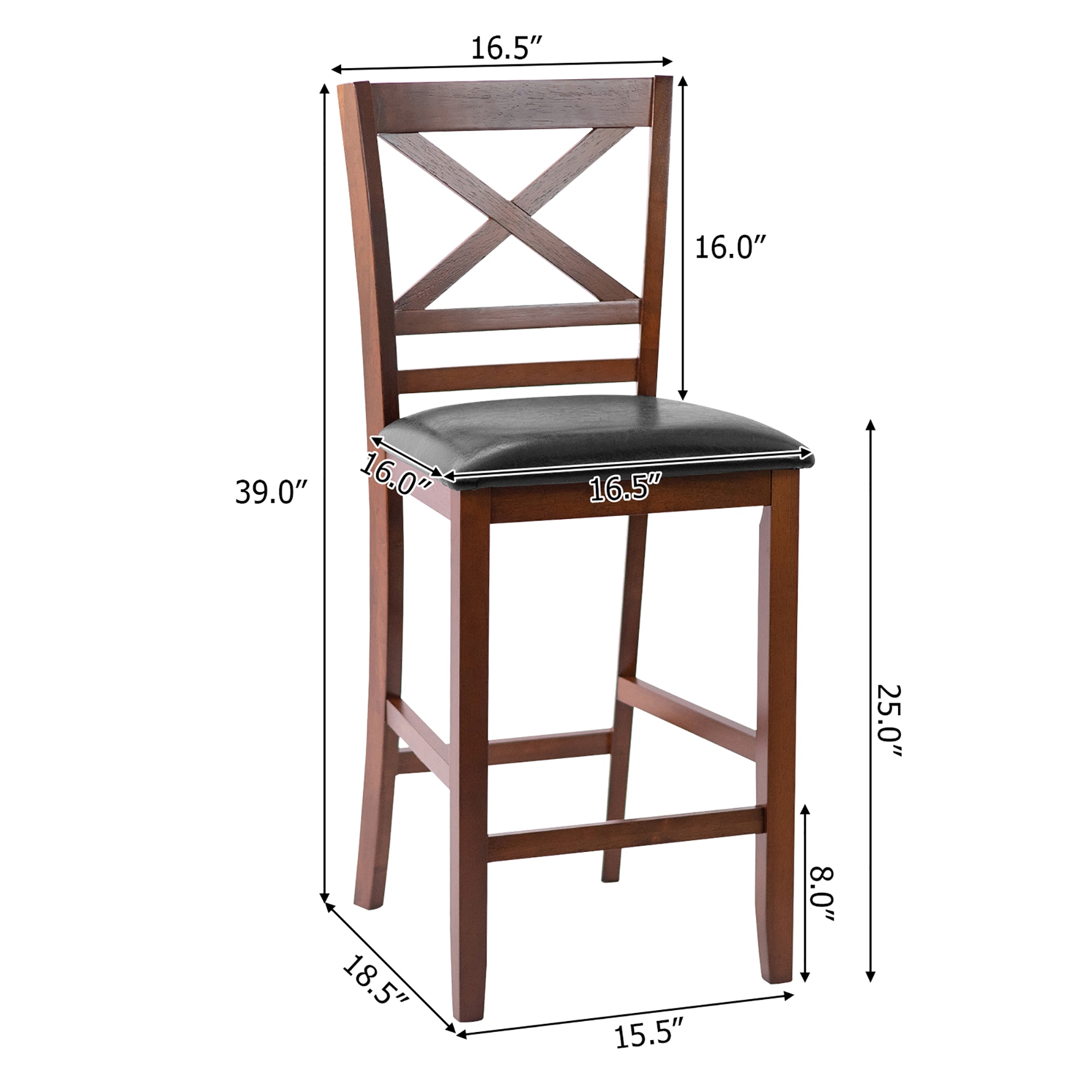 Set of 2 Walnut Wood Bar Stools with Black Leather Seat
