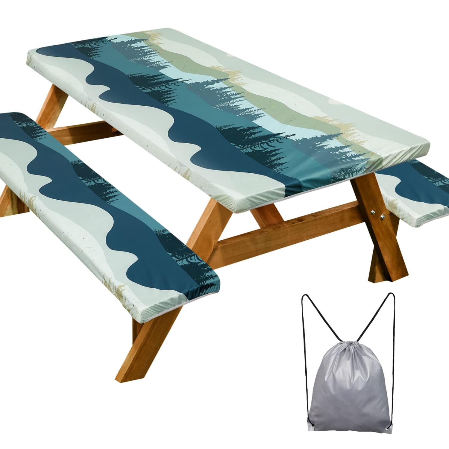Angel Sar 72 in Rectangular Waterproof Picnic Table Cover with Bench Covers and Drawstring Bag Green and Blue