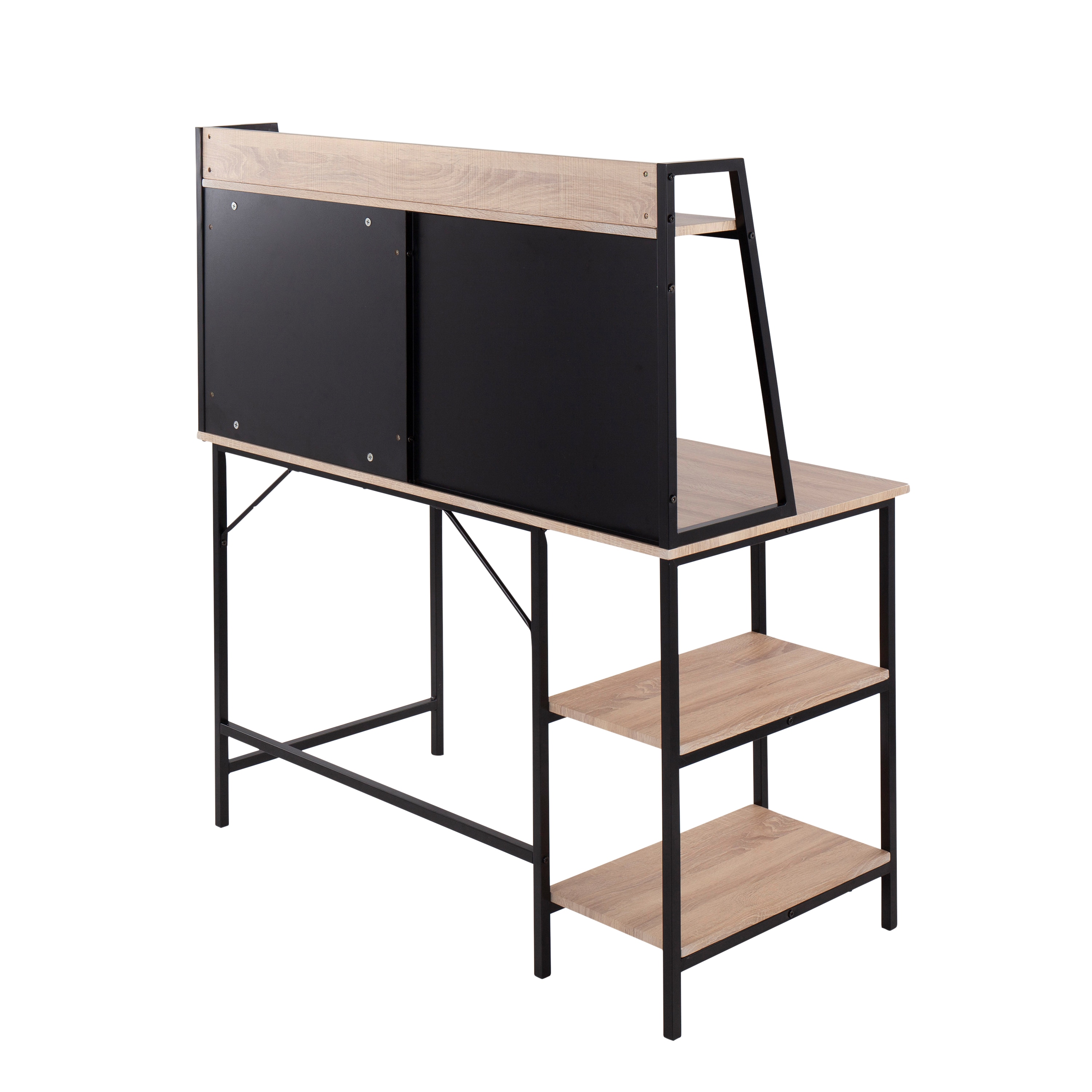 Desk front and side view showing storage cabinet panels and shelving