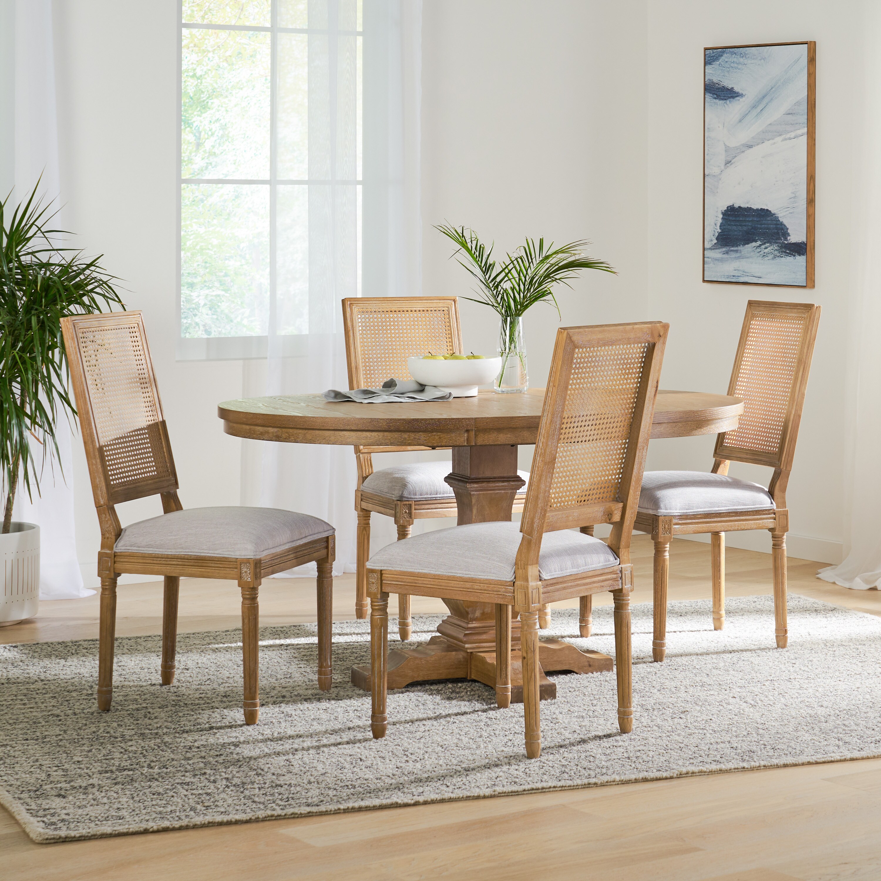 Christopher Knight Home 315509 Regina French Country Fabric Upholstered Wood and Cane 5-Piece Expandable Oval Dining Set Light Gray and Natural