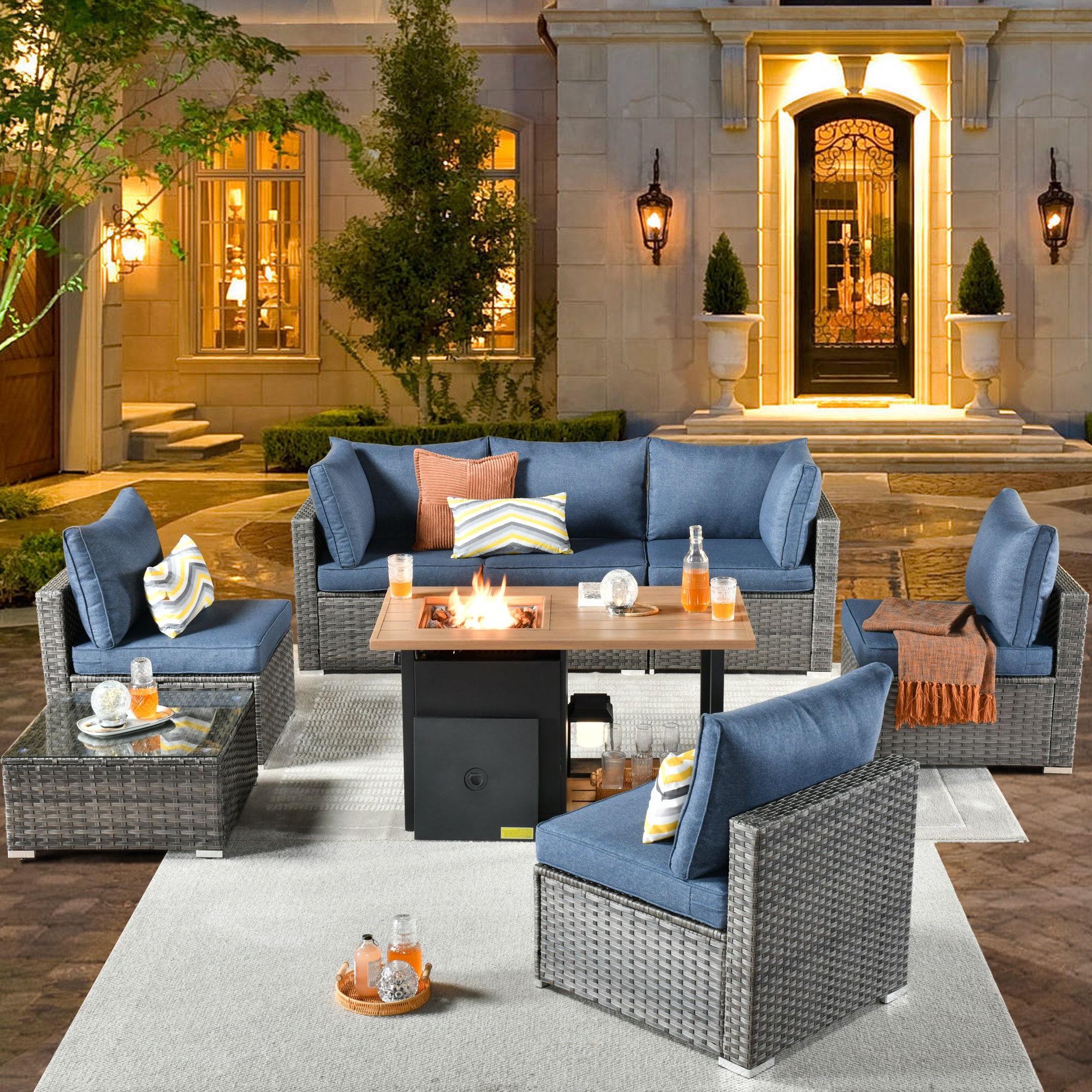 weaxty DCFP81RRS308 Kuuga 8 -Piece Rattan Patio Conversation Set with Blue Cushions