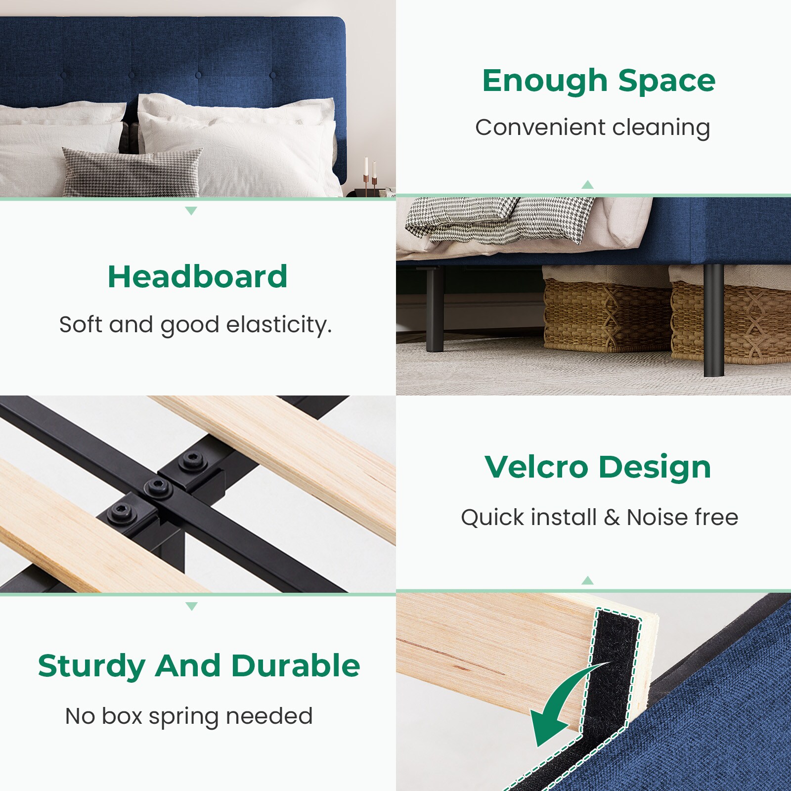 VOUA Bed Frame with Headboard Navy Queen Wood and metal Bed frame Bed