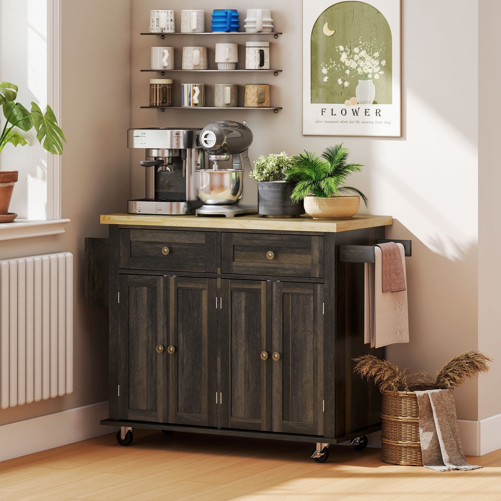 GlasFlength  43 Inch Rolling Kitchen Storage Cabinet with Two Top Drawers Storage Cabinet with Shelves Coffee Bar Cabinet Buffet Cabinet for Kitchen Dining Room Black