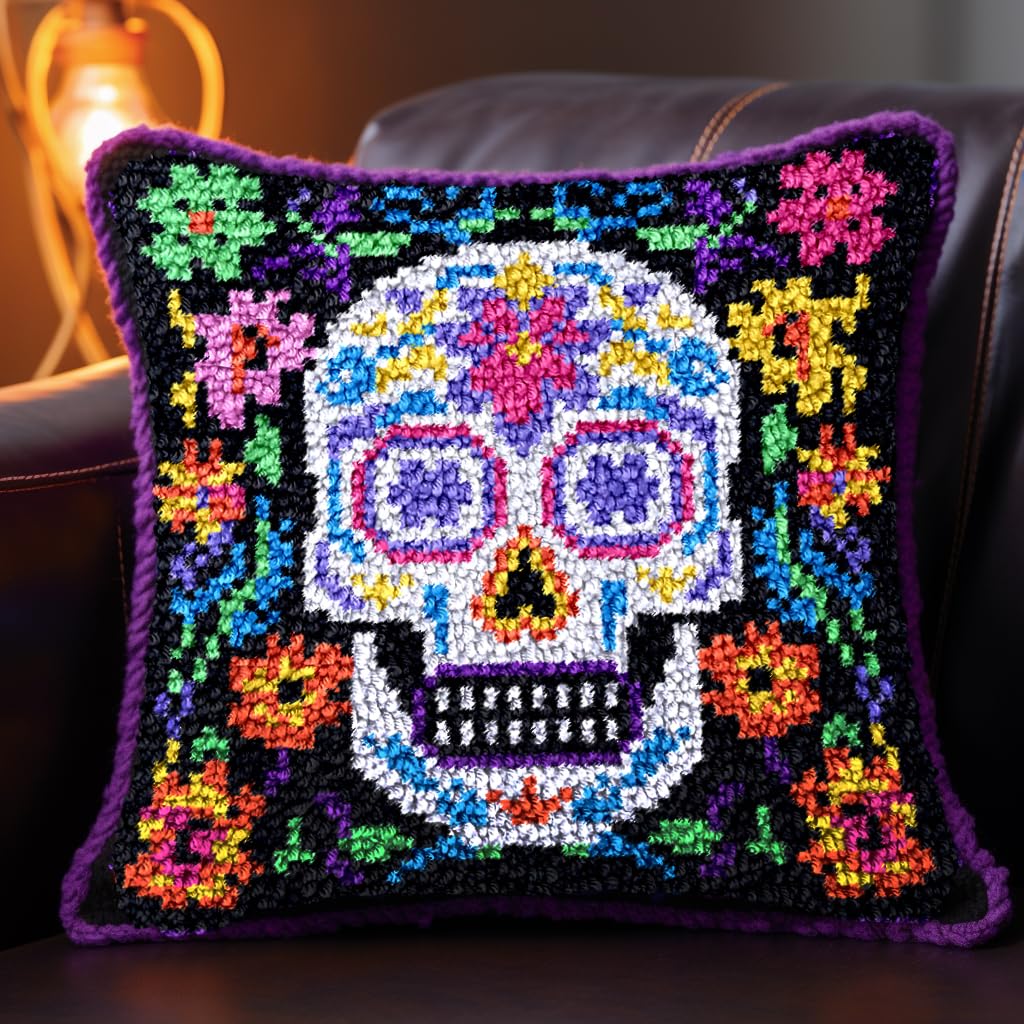LILILIAN FMY  Latch Hook Kit Colorful Skull Printed Canvas Cushion Crochet Yarn Needlework DIY Hook Latch Kit Embroidery Pillowcase Rug Cover for