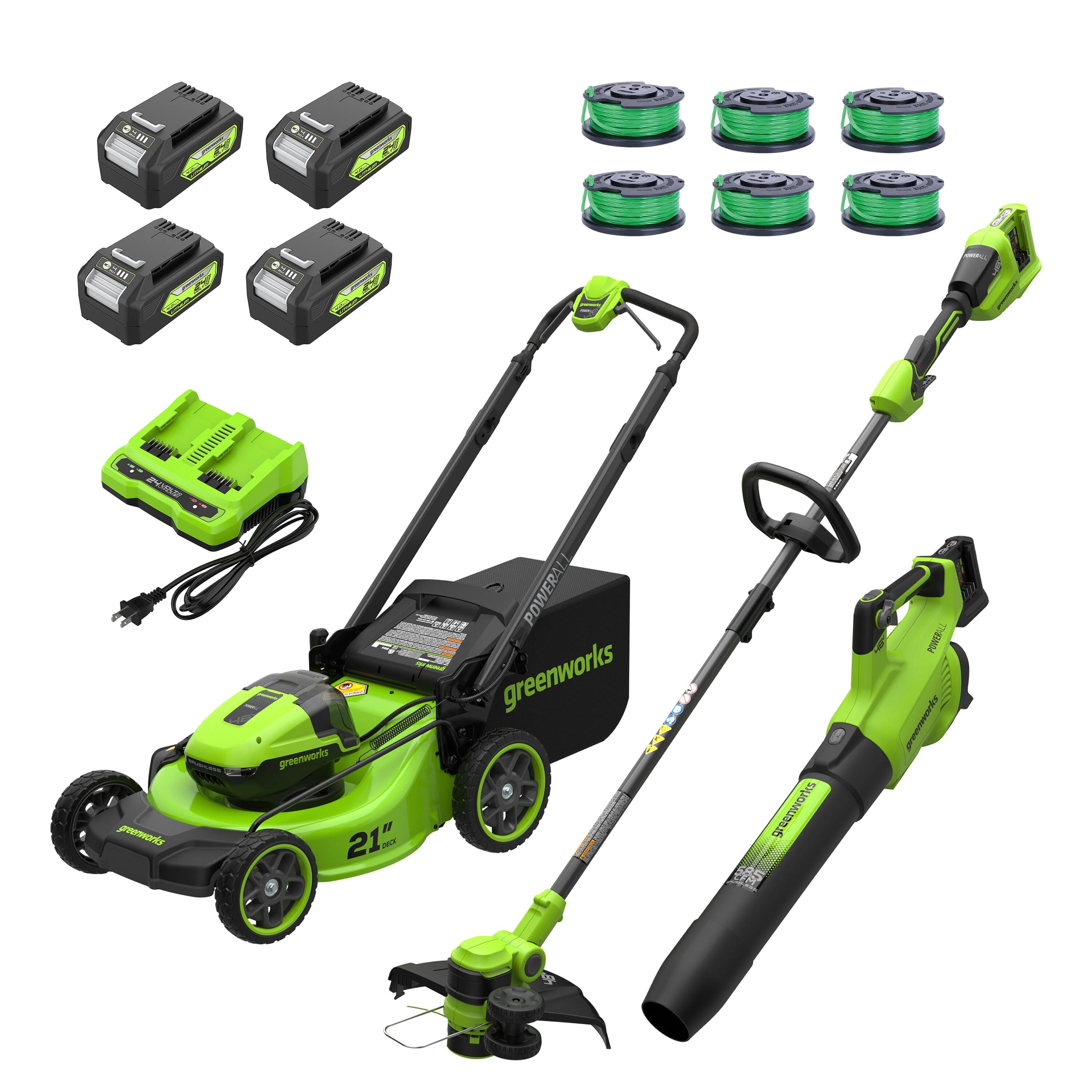 Greenworks 24-volt Cordless Battery String Trimmer and Leaf Blower and Lawn Mower and Combo Kit 4 Ah (Battery Included) (Charger Included)