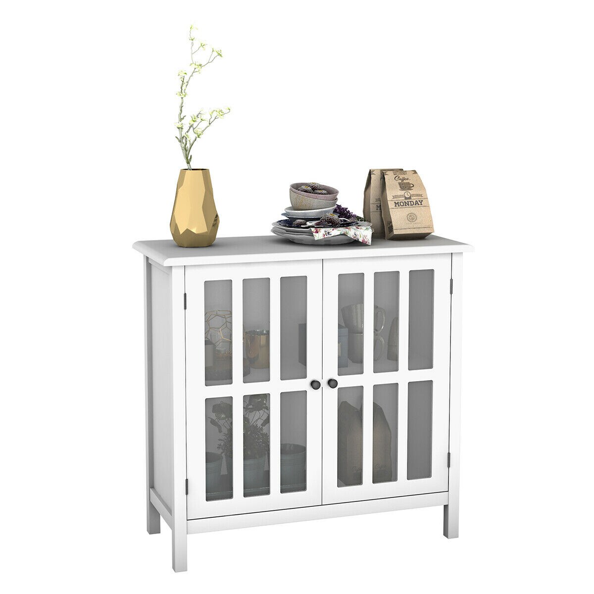 Elegance White MDF Glass-Paneled 2-Shelf Storage Cabinet