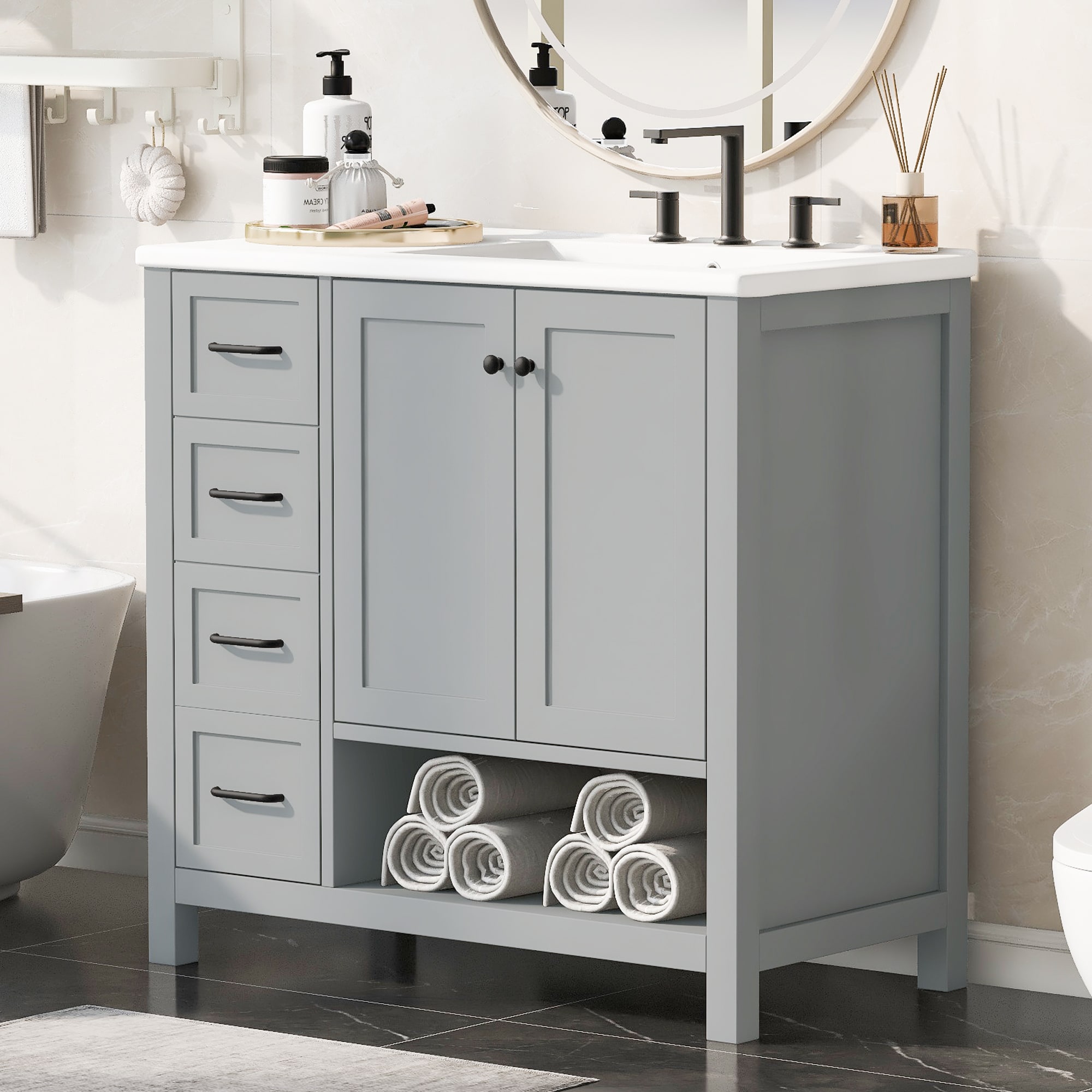 MooxvMoo 36-in Bathroom Vanity with Sink Top Cabinet Two Doors Two Drawers Open Shelf Solid Wood MDF for Bathroom Home (Grey)