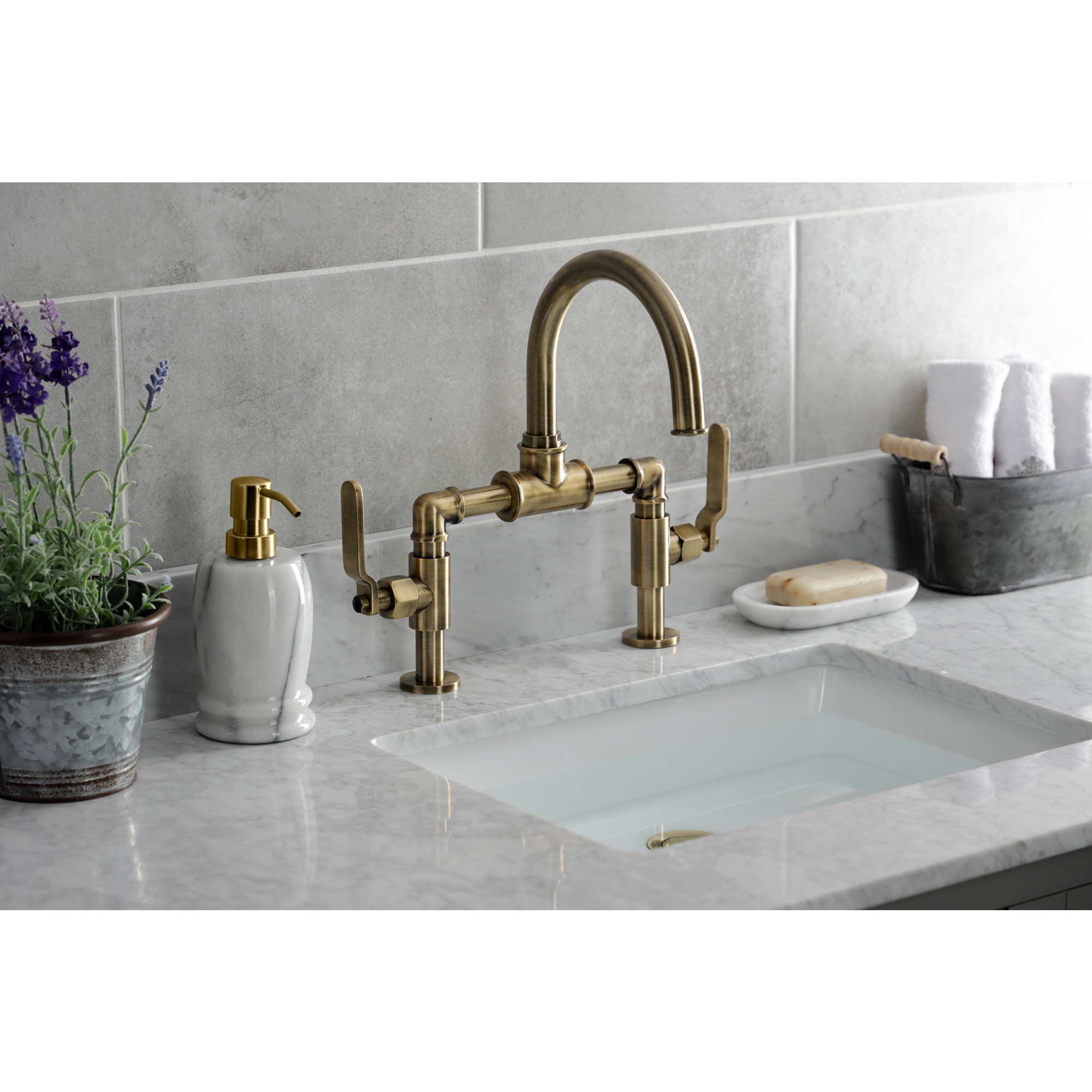 Kingston Brass WLKS2173KL Whitaker Antique brass 2-hole 2-handle High-arc Residential Handle Bathroom Sink Faucet with Drain