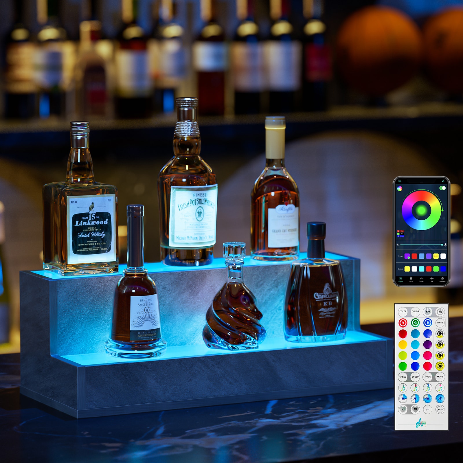 Dacicica LED Lighted Liquor Bottle Display Shelf 20 Inch Bar Display Shelf DIY Illuminated Bottle Shelf with App and Remote Control 2 Step Freestanding Holding Bottles for Home Bar Party Grey