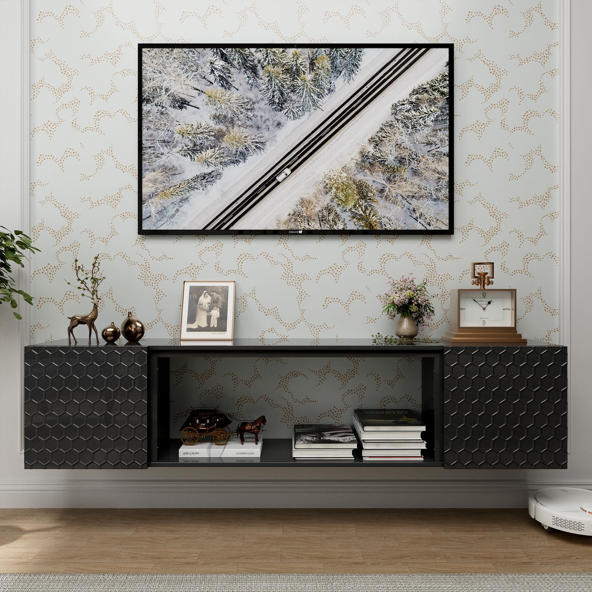 Mondawe OR-W378AP-LF Modern/Contemporary Black TV cabinet Integrated TV Mount ( Accommodates TVs more than 70-in )