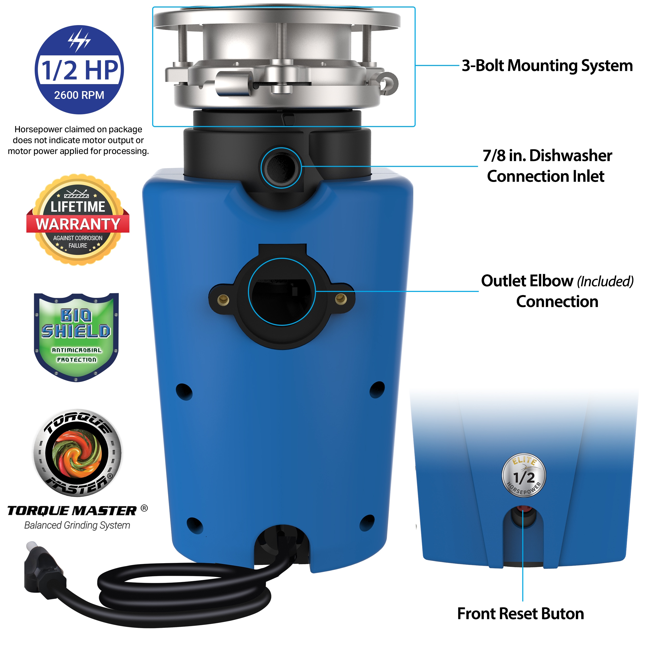 American Standard Blue 1/2 HP Continuous Feed Garbage Disposal