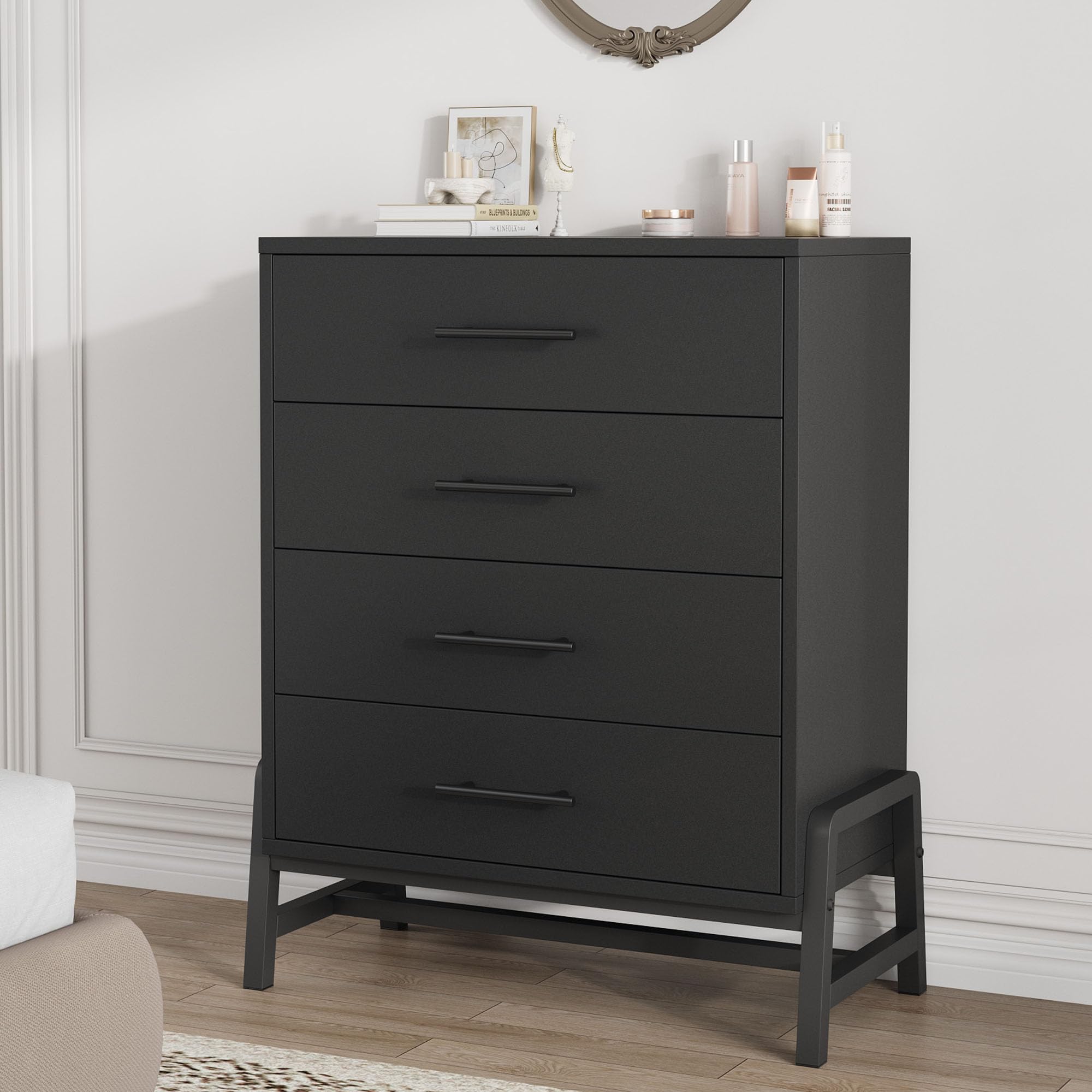 GarveeLife 29.5 Inch Storage Cabinet With 4 Drawers 38.6 Inch Tall Narrow Wooden Cabinet With Metal Handles Freestanding Storage Unit For Living Room Bedroom Entryway Home Organization Black