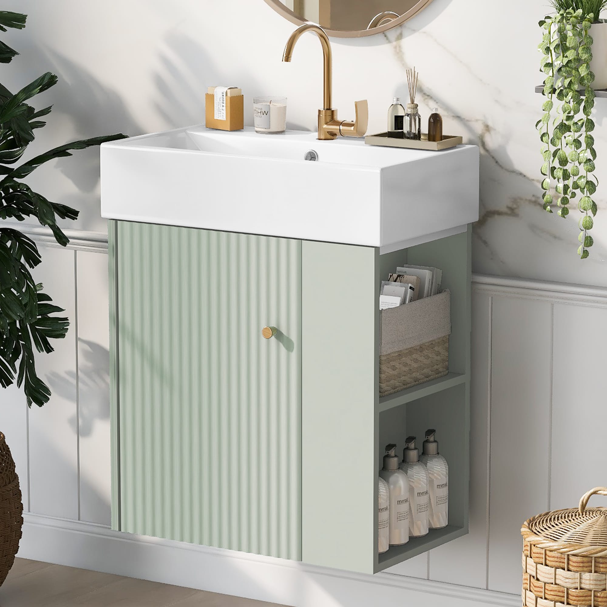 Tatayosi RY-P170388F 21.6 Inch Green Floating Bathroom Vanity with Ceramic Basin Wave Pattern Door and Side Storage Soft Close Cabinet for Small Bathrooms