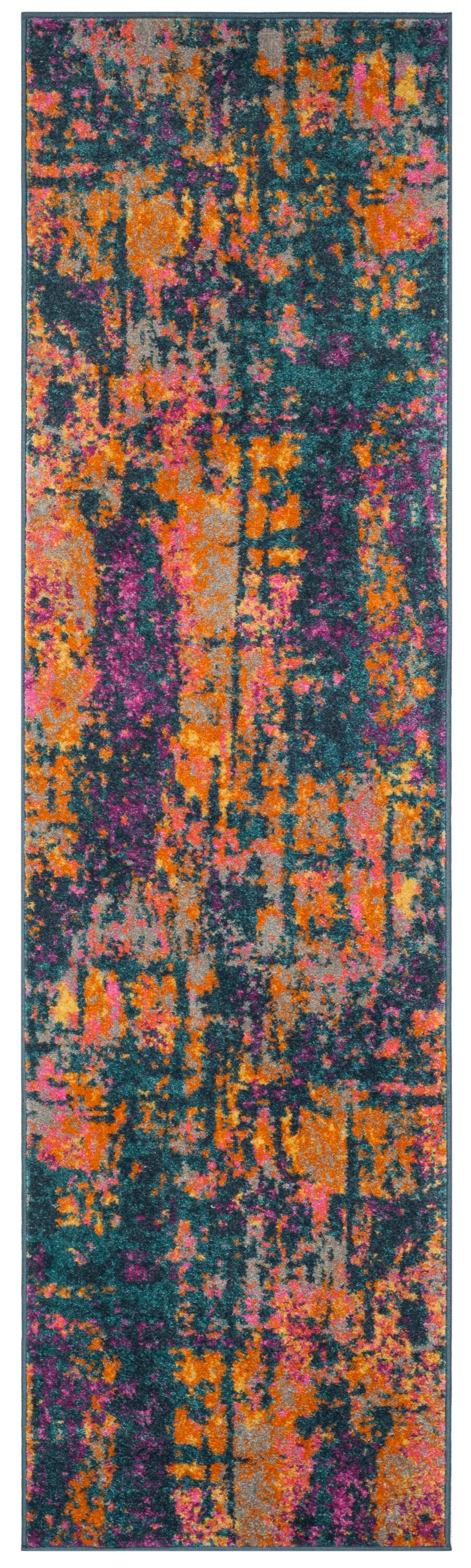 Blue and Orange Abstract Synthetic Runner Rug