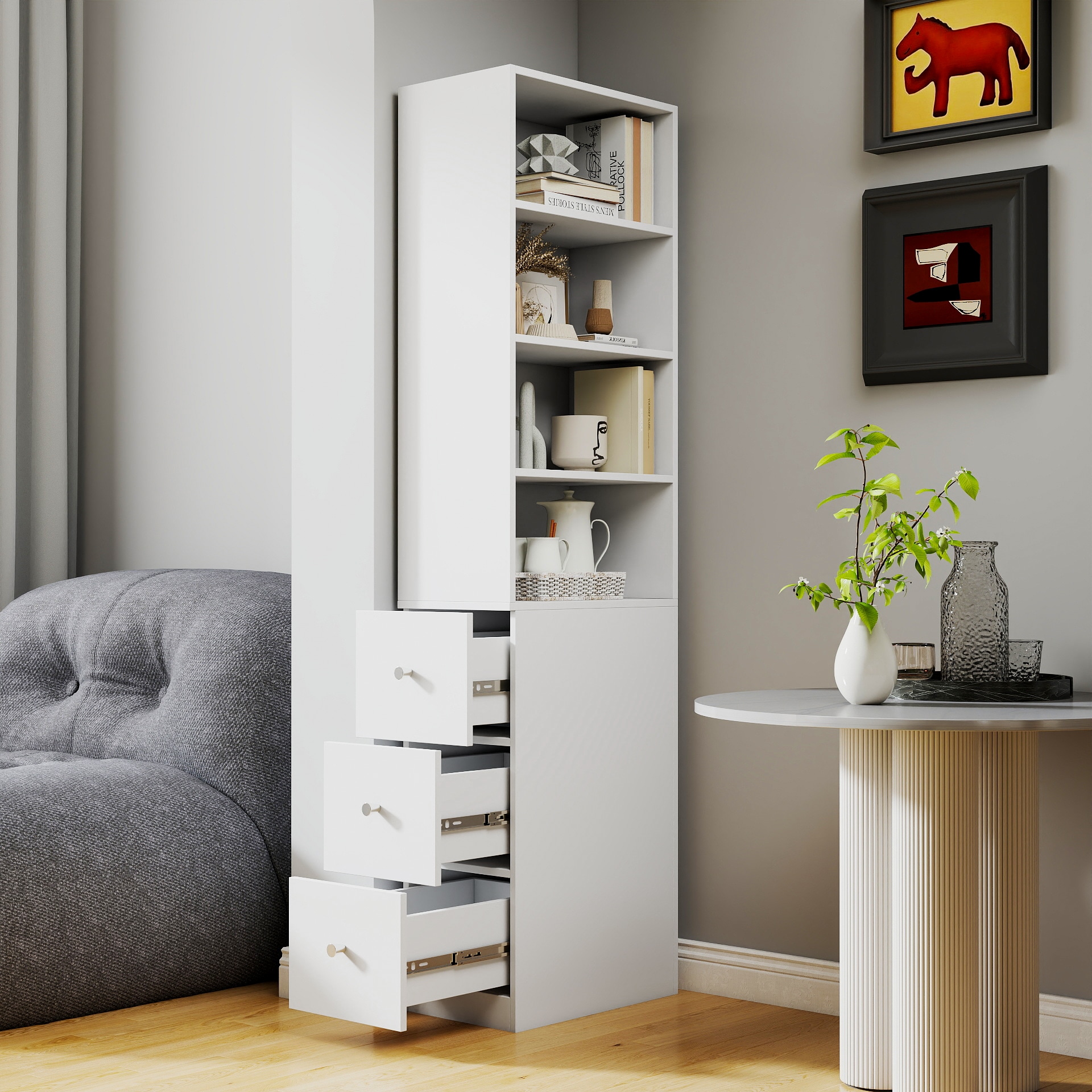 Tatayosi XH-1P281205 Display Storage Cabinet 4-Tier Shelf 3 Side Drawers Modern Wooden Tall Bookshelf Bookcase for Living Room Home Office