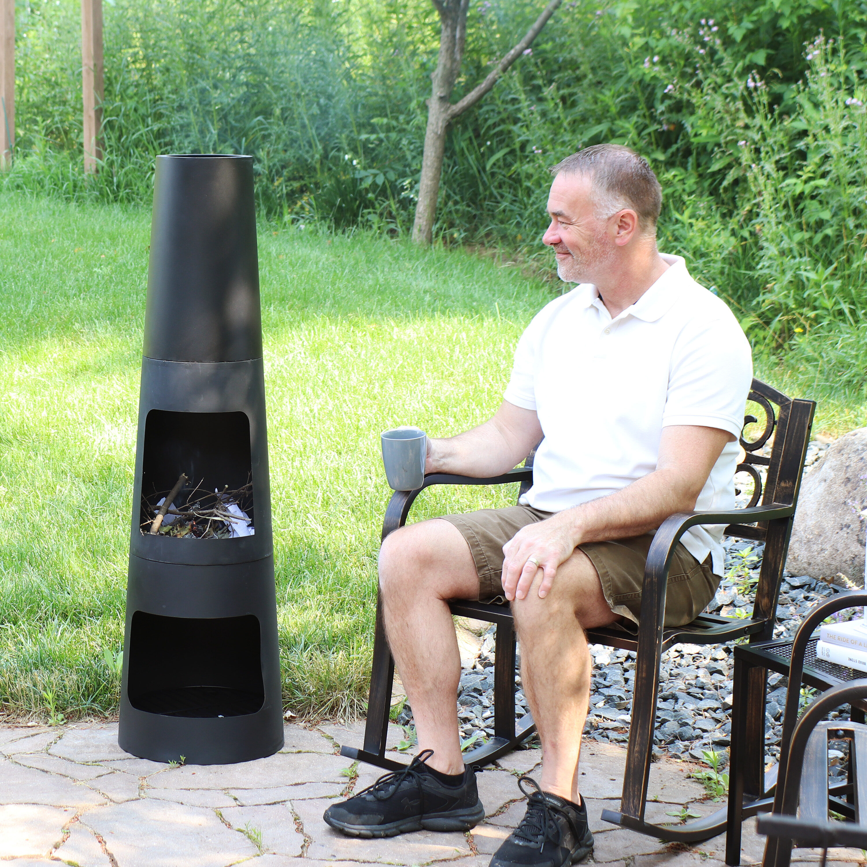 Black Cast Iron and Steel Fleur-de-Lis Outdoor Rocking Chair