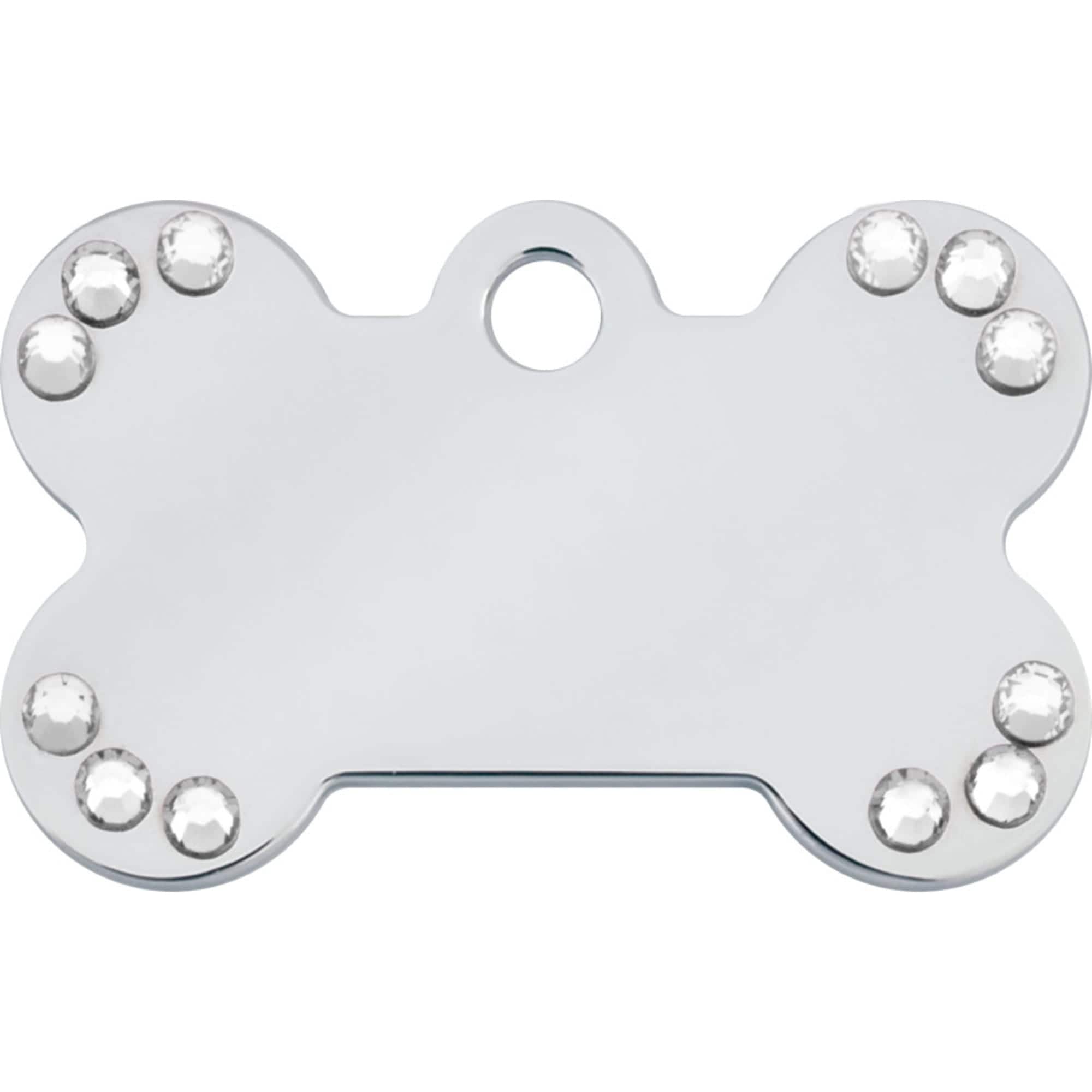 Quick-Tag  Crystal Bone Personalized Engraved Pet ID Tag Chrome with Clear Crystal Small