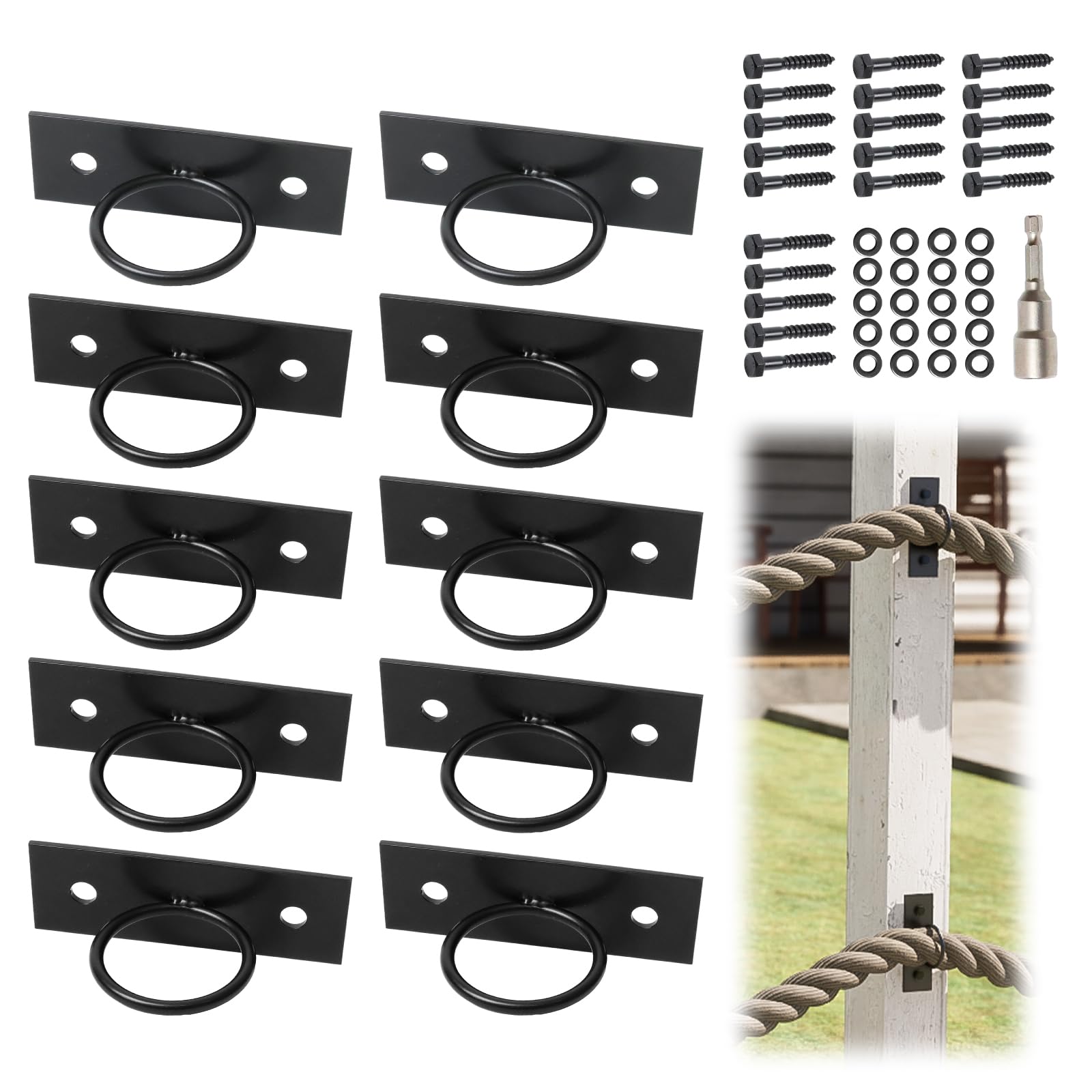 Oyezvary  Black Decorative Ring Rope Supports Holders for Hemp Rope Fencing Stair Deck Railing Wall Mounted Hanger Ceiling Hook Set of 10