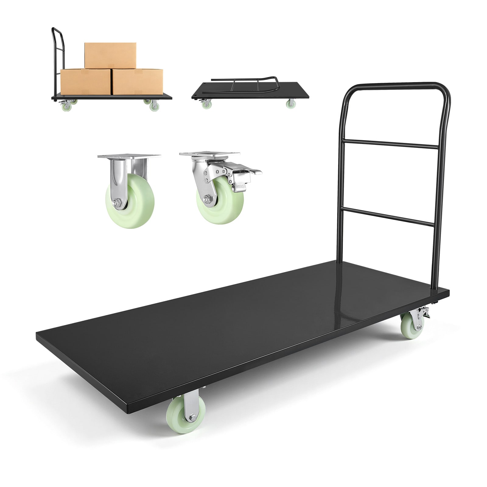 Mecale Heavy-Duty Platform Truck 2000-lb 60-in Steel Flatbed Cart with Swivel Wheels and Handle - Black
