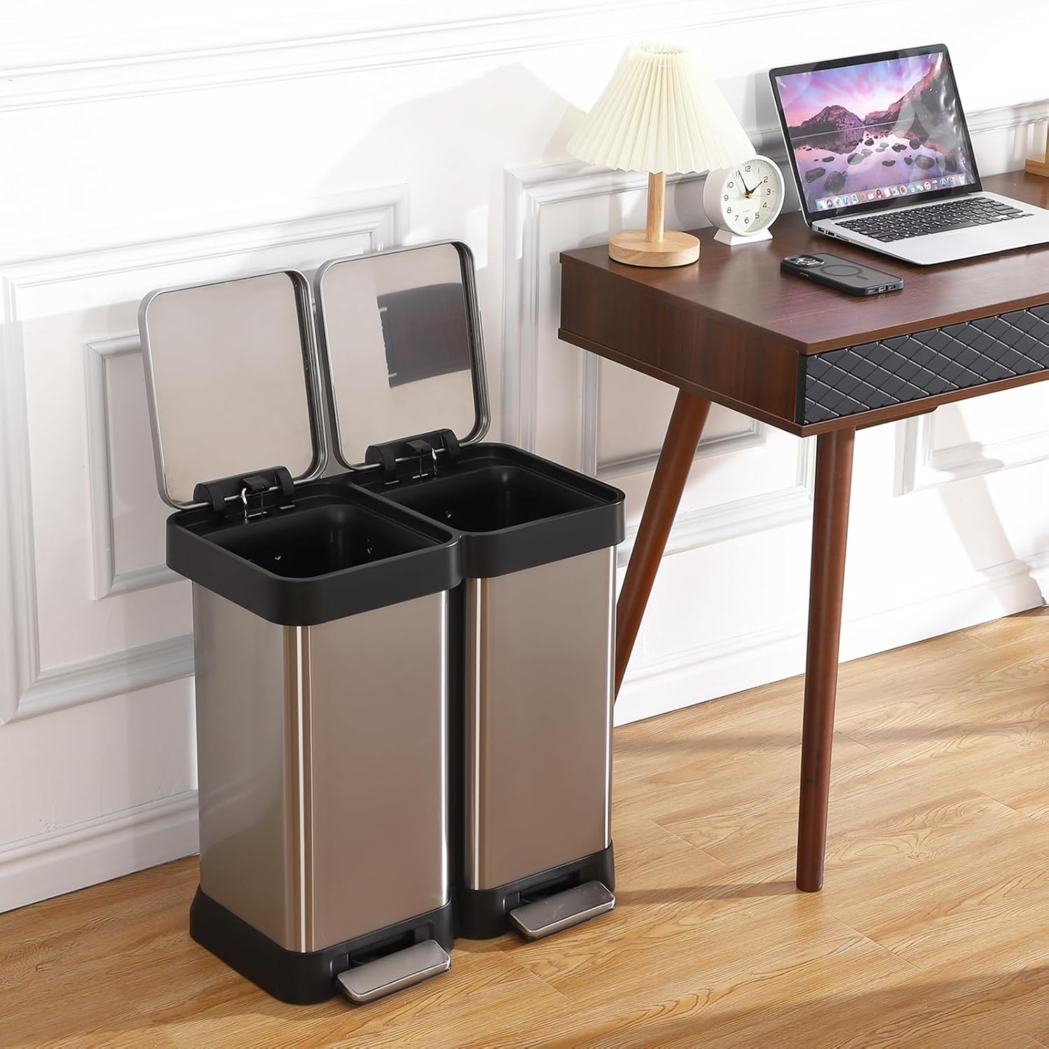 WhizMax JXNAG-PIS-00VV1EHZ Trash Can 13 Gal Dual Garbage Can and Recycle Bin 2 Compartments and 2 Pedal Soft Close Lid and Airtight for Home Office Business