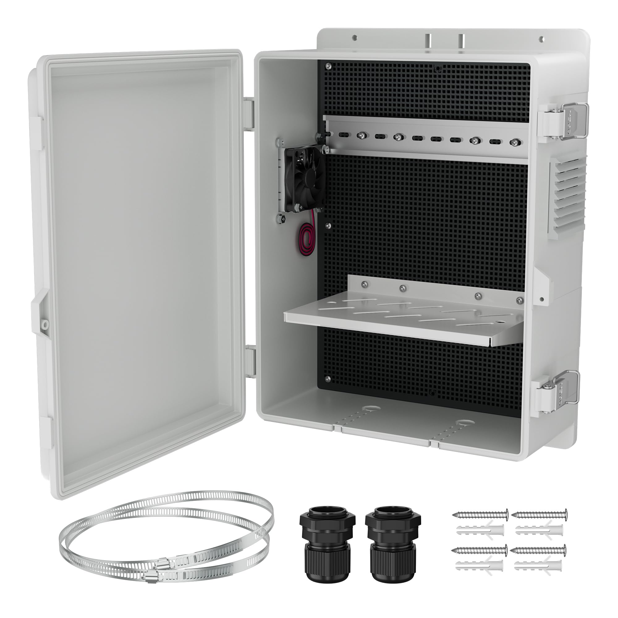 Anqtovp  Vented Outdoor Electrical Box Waterproof Nema Enclosure Sixteen by Eleven by Six Plastic WiFi Box with Stainless Steel Buckle Fan Vented