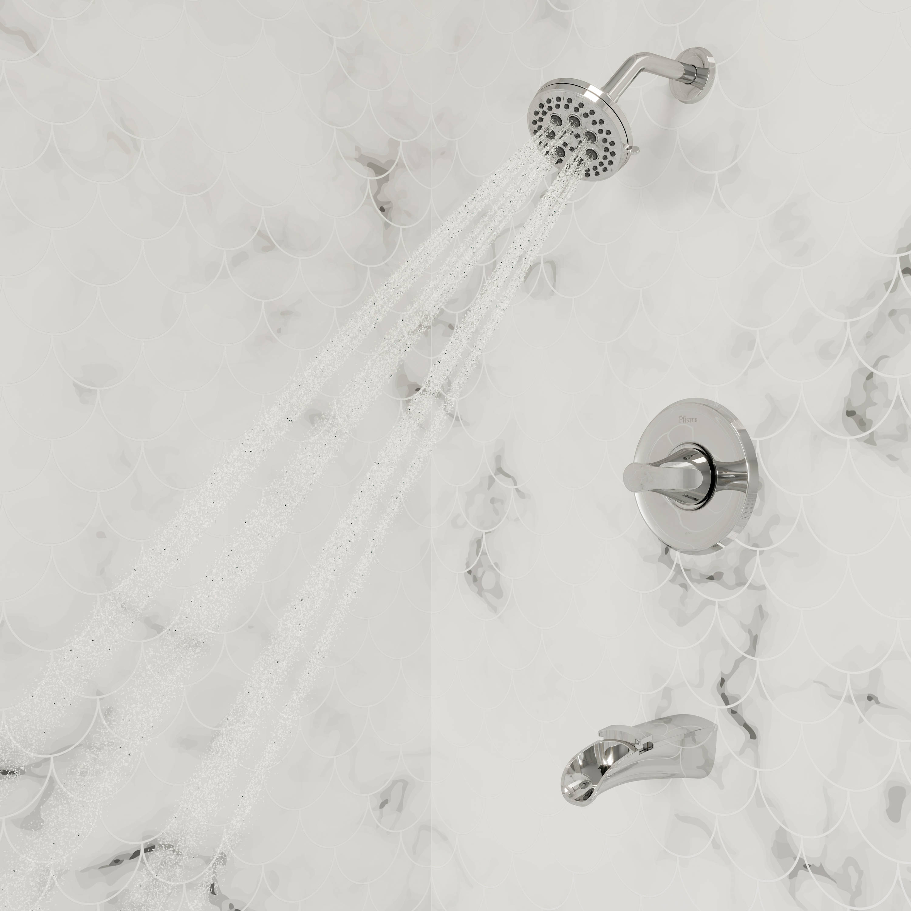 Polished Chrome Wall Mounted Tub and Shower Faucet with Pulse Rain Jet