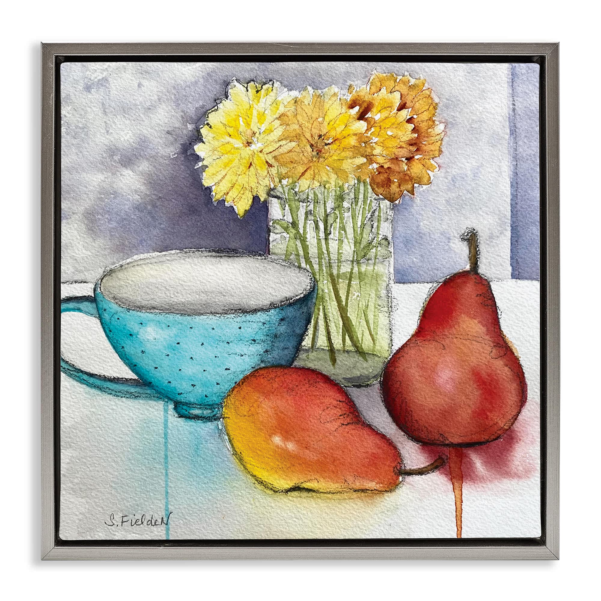 Stupell Industries BS-581-FFL-17X17 Modern Kitchen Teacup and Fruit Gray Framed Floater Canvas Wall Art By Stephanie Fielden 18 x 18