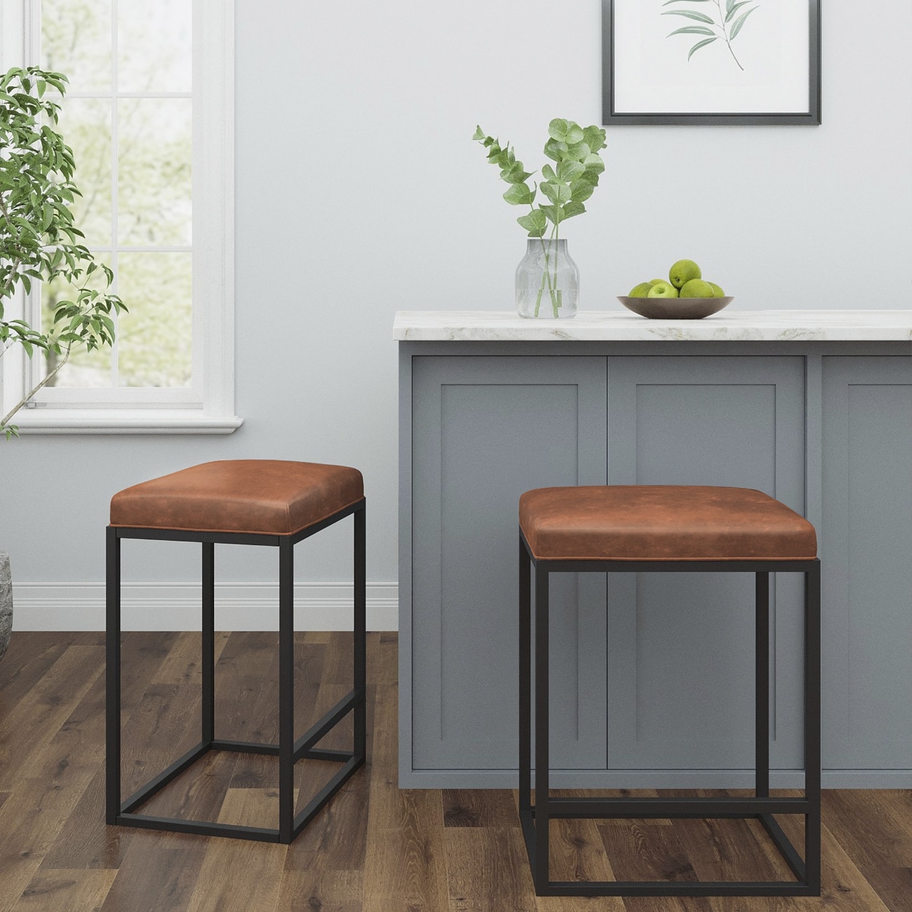 HomeRoots 4000400720 2 -Set Brown 1-in H Short Square seat Metal Bar Stool