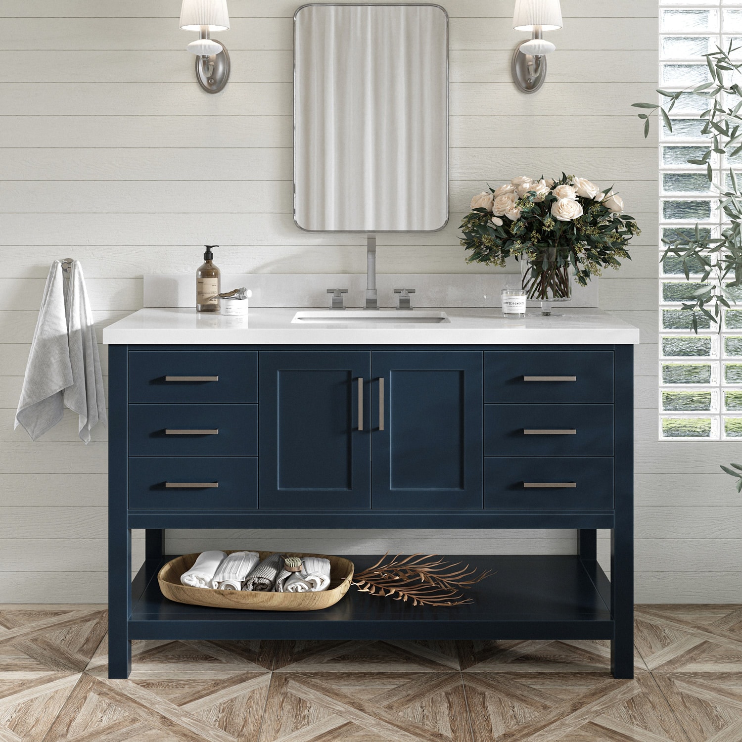 ARIEL S055SWQRVOMNB Magnolia 55-in Midnight Blue Undermount Single Sink Bathroom Vanity with Pure White Quartz Quartz Top