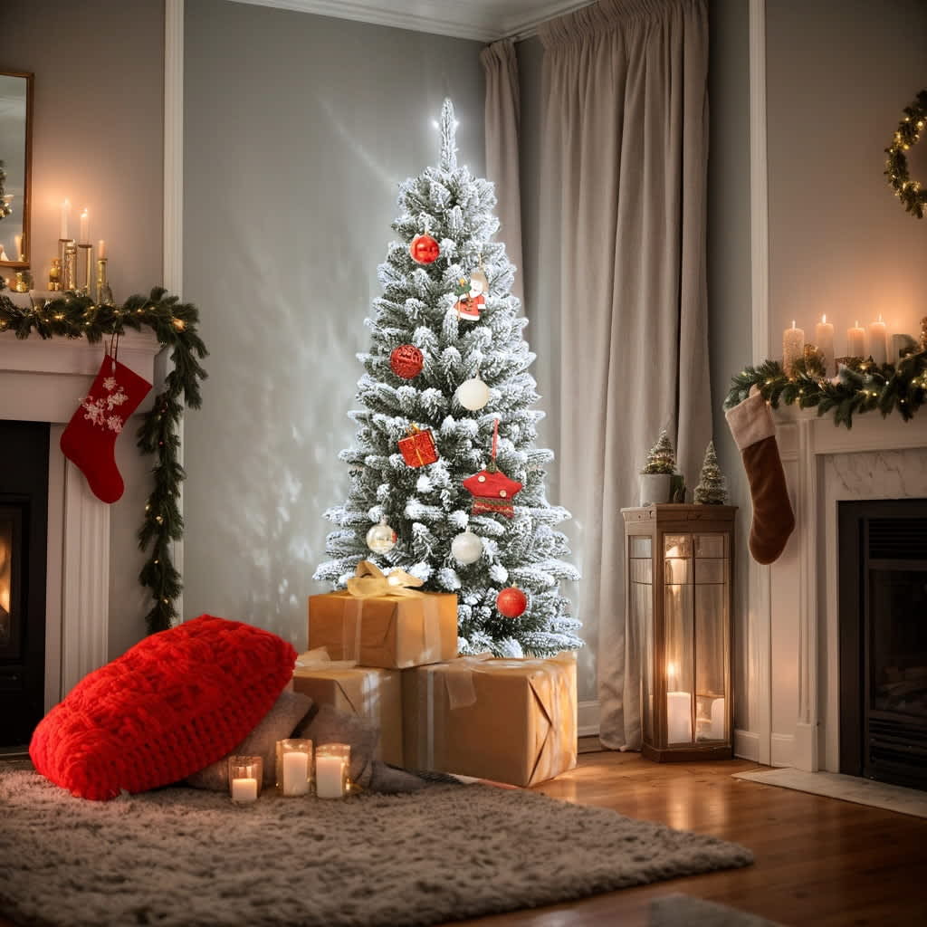 Choco Moon 4871449145838 Christmas Tree Home Party Christmas Tree Decorations Snow Flocked Hinged Artificial Christmas Pencil Tree with Mixed Tips 4.5 ft