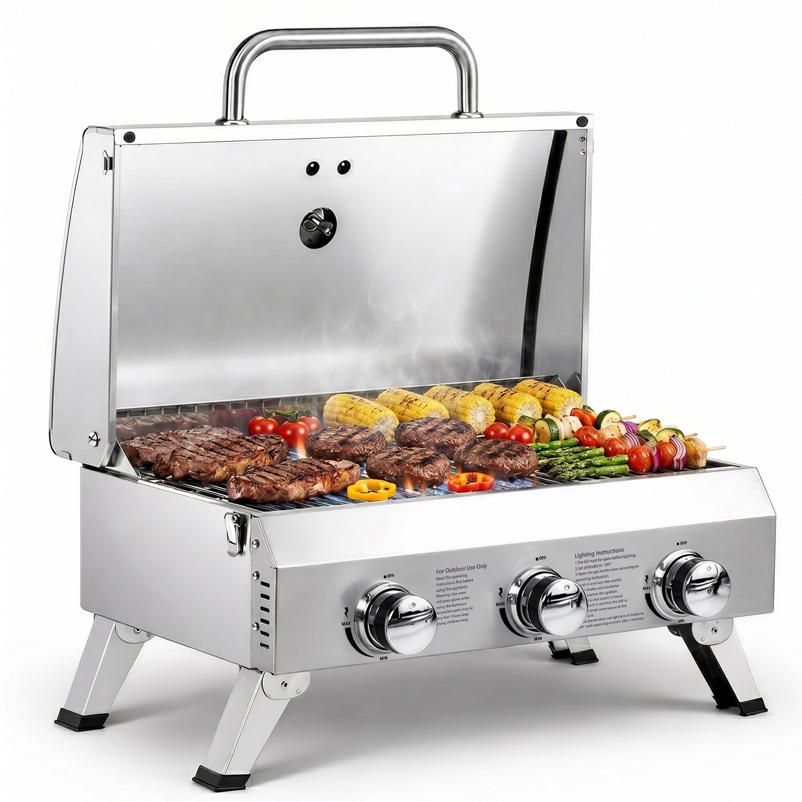 ROVSUN 3 Burner Portable Gas Grill 30000 BTU with Igniter Lockable Lid Foldable Legs and Thermometer for Outdoor Patio BBQ RV Use Silver