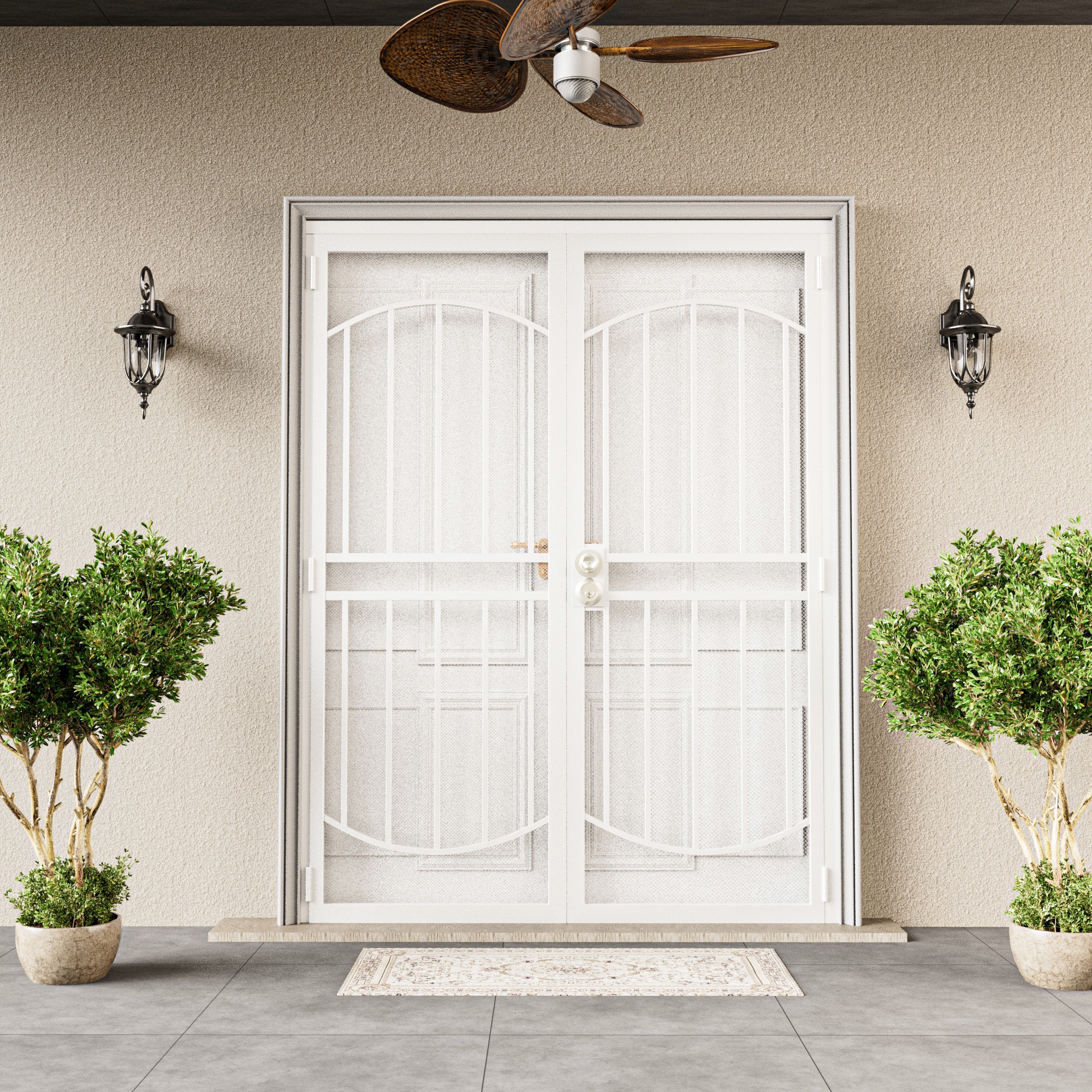 JUJUBON EX-SECDSD-WTYH-64 Security door 64-in x 80-in White Steel Recessed or surface mount Universal/Reversible Prehung Double Security Door with White Screen and No bore
