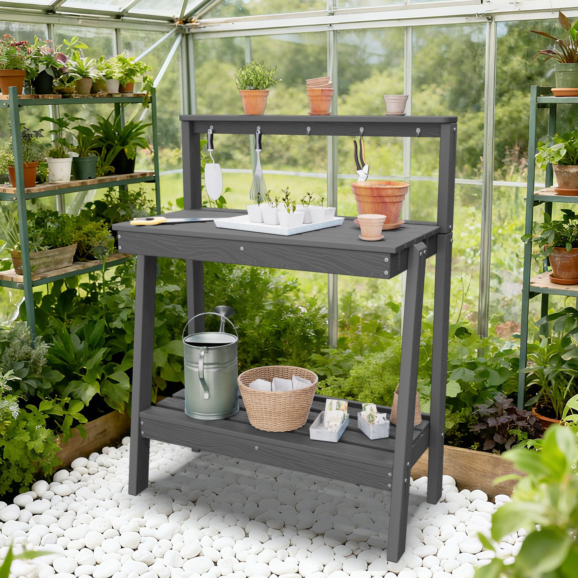 JEAREY JKTRYY-03-BN HDPE Garden Potting Bench 34.8-in x 45.4-in x 17.7-in Gray Potting Bench