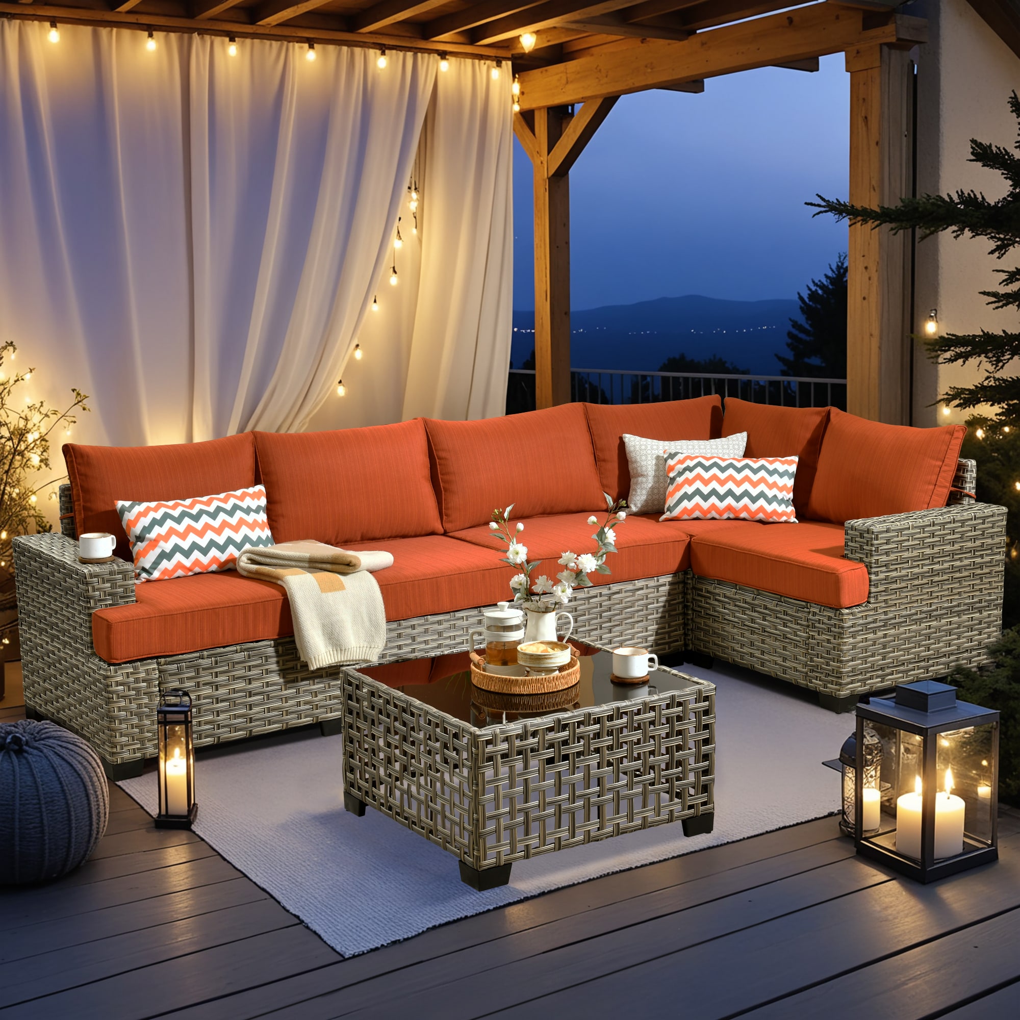 XIZZI XITBS8062A Agate Rattan Outdoor Sectional with Orange Cushions and Steel Frame